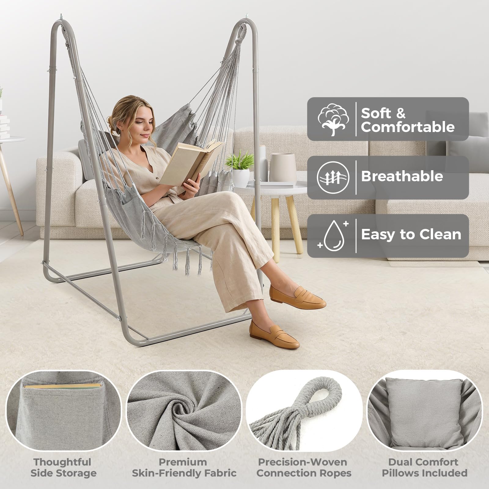 Silla Colgante en U con Soporte, Silla Colgante de Acero Resistente con Soporte para Interior y Exterior, Base Estable, Capacidad 100 kg, Montaje fácil - Gris