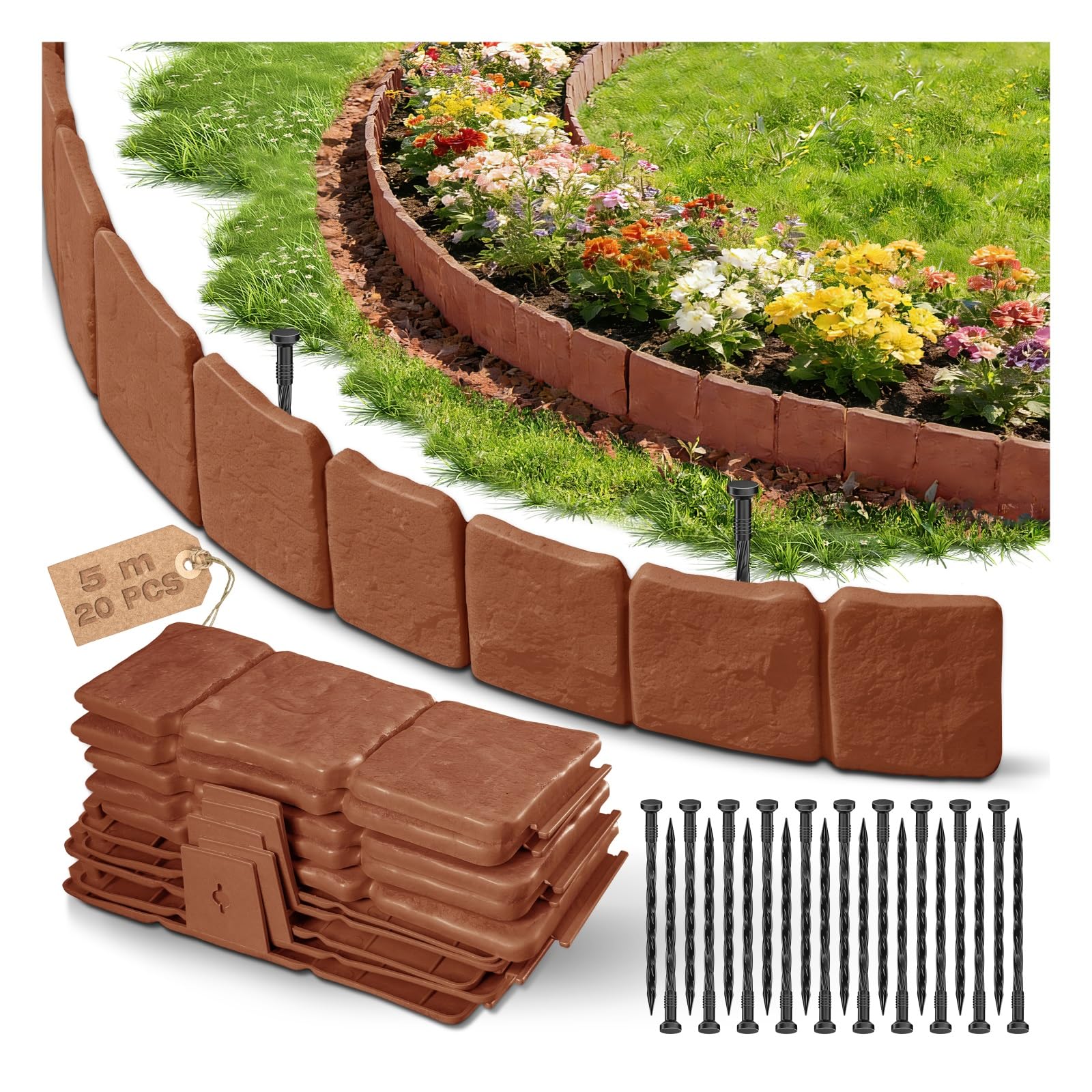 Rasenkante Kunststoff, Beeteinfassung Beetumrandung Kunststoff, Beetbegrenzung, Blumenbeet Umrandung, Mähkante, Gartenzaun, Flexible Rasenkanten, Verdickt Kleiner Zaun, Steinoptik - 5 m (Höhe:10 cm)