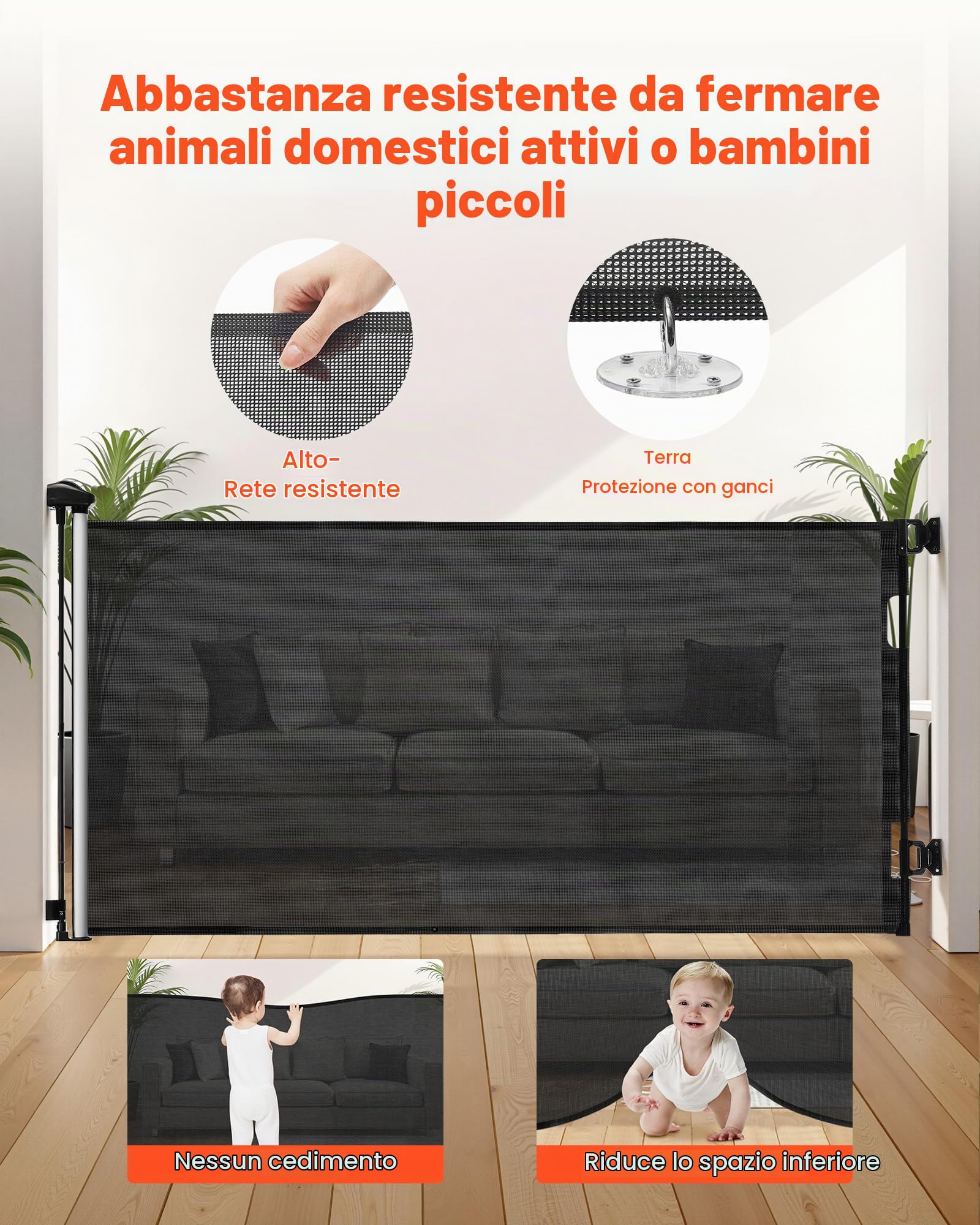 VEVOR Cancelletto Retrattile, Installazione Interna 1850 mm di Larghezza, 980 mm di Altezza, con Strisce in Fibra di Vetro Rinforzata, Impedisce che Si Infilino, Cancelletto in Rete per Cani, Nero