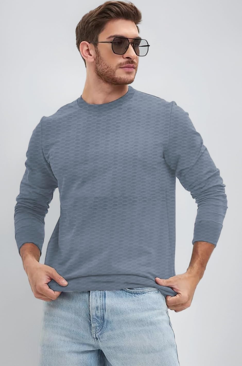Men's Regular Fit Cottonblend Full Sleeve Textured Solid T-Shirt for Men (Color Grey)