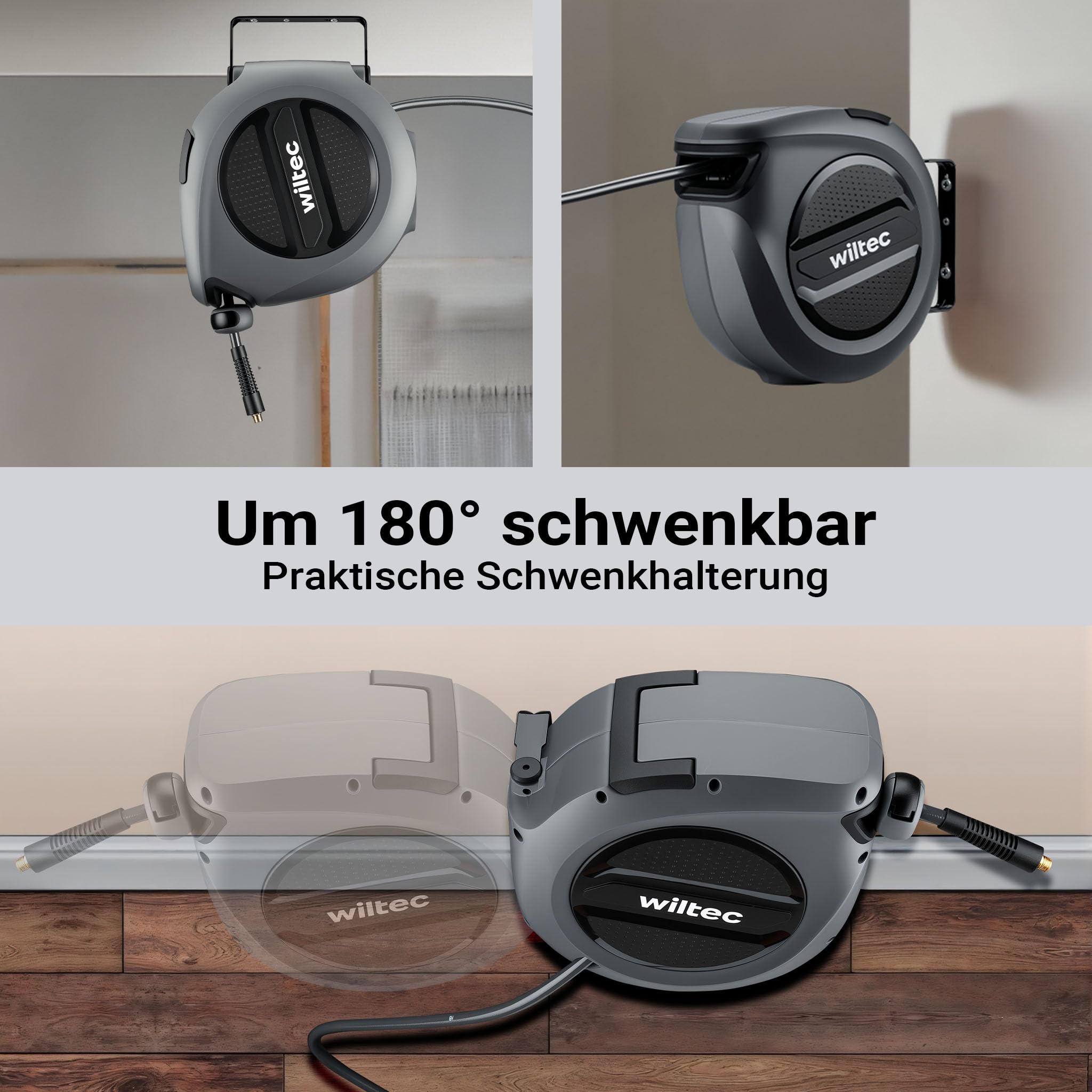 Wiltec Druckluft Schlauchtrommel 15 m, automatische Druckluftschlauchtrommel Stahl, 17 bar Drucklufttrommel, Schlauchaufroller mit 180° Halterung