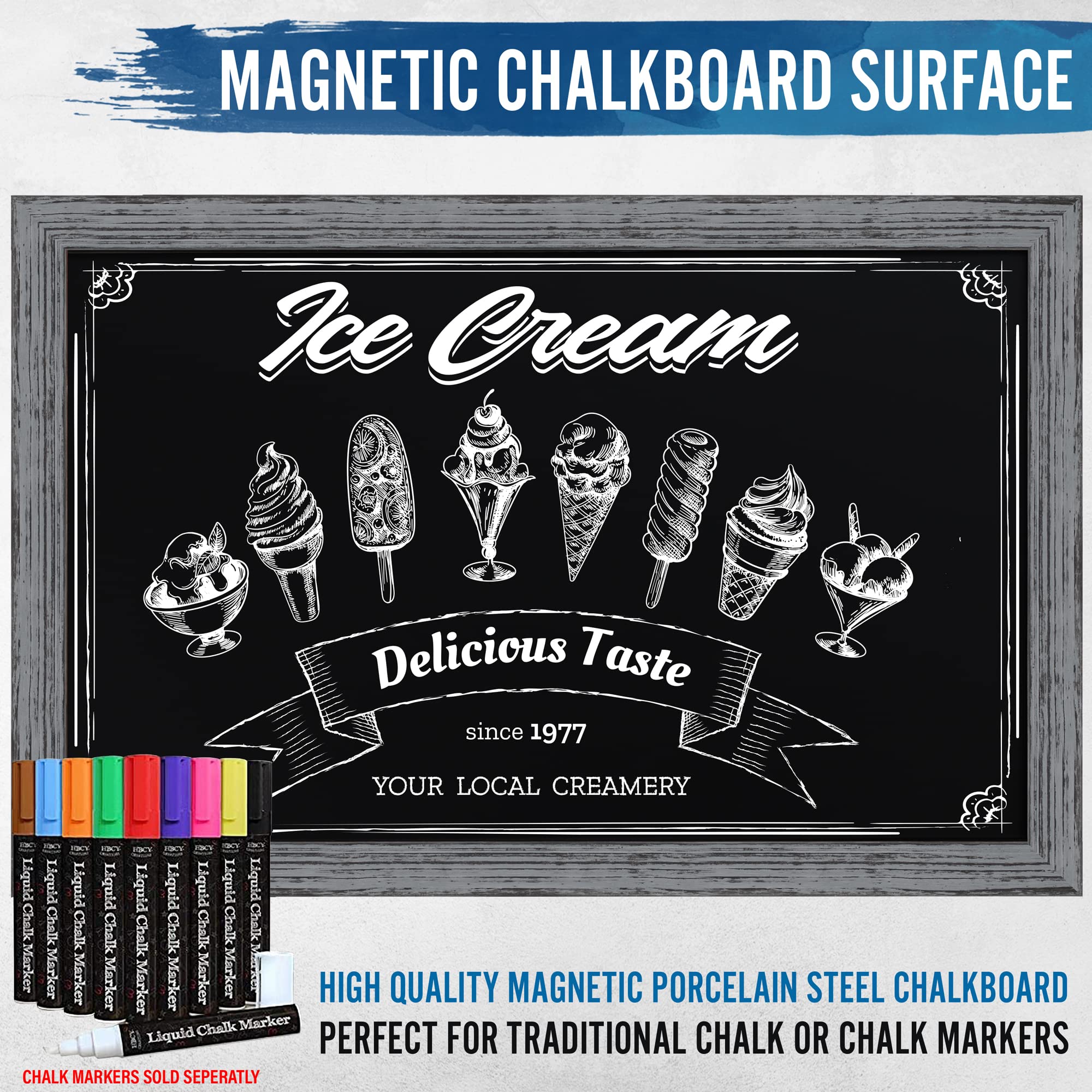 HBCY Creations Magnetyczna tablica ścienna, szara, bardzo duża, rustykalna tablica z drewnianą ramą i nieporowatą powierzchnią do pisania, do domów, firm lub na imprezy, 24 x 36 cali / 61 x 91 cm