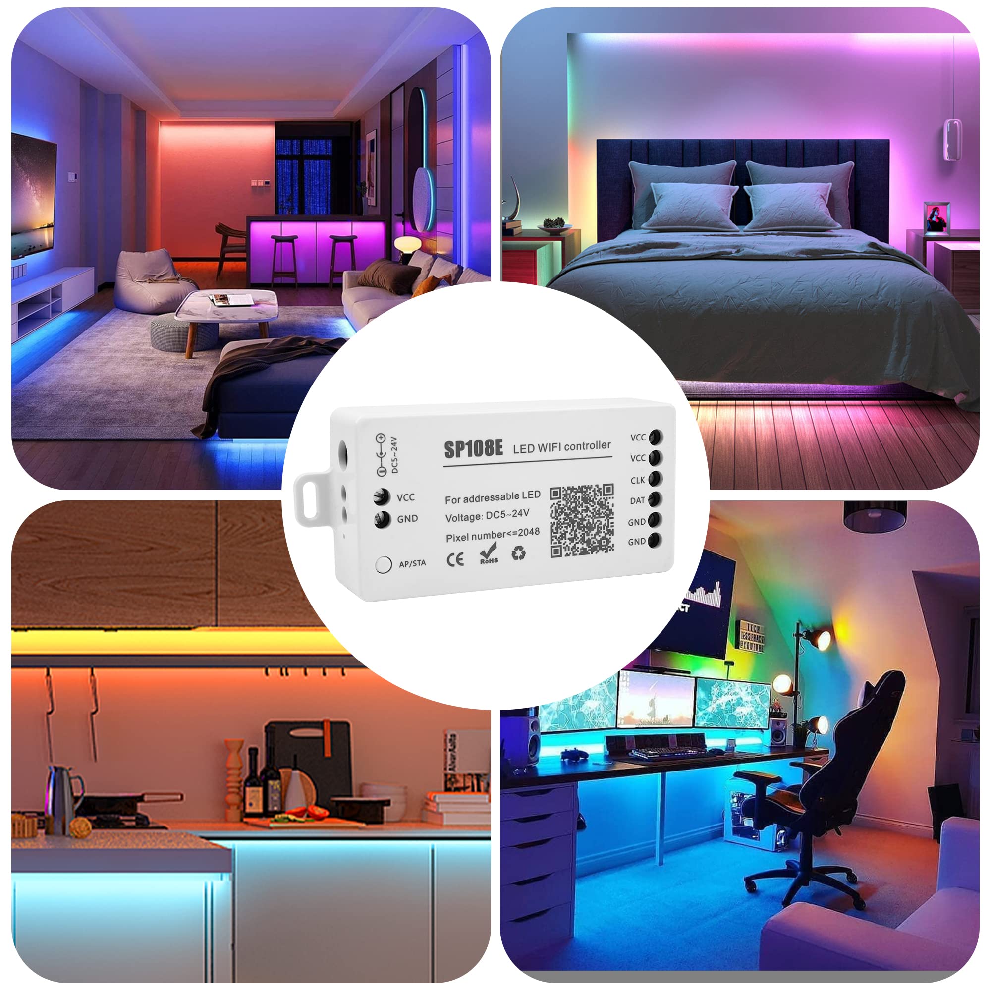 VIPMOON SP108E Contrôleur LED WIFI DC 5V-24V pour Bande LED IC SK6812 SK6812-RGBW WS2812 WS2813 WS2815 AL2815,180 modes dynamiques et DIY pour ajuster Couleur,Eclat,Vitesse,facile à utiliser.