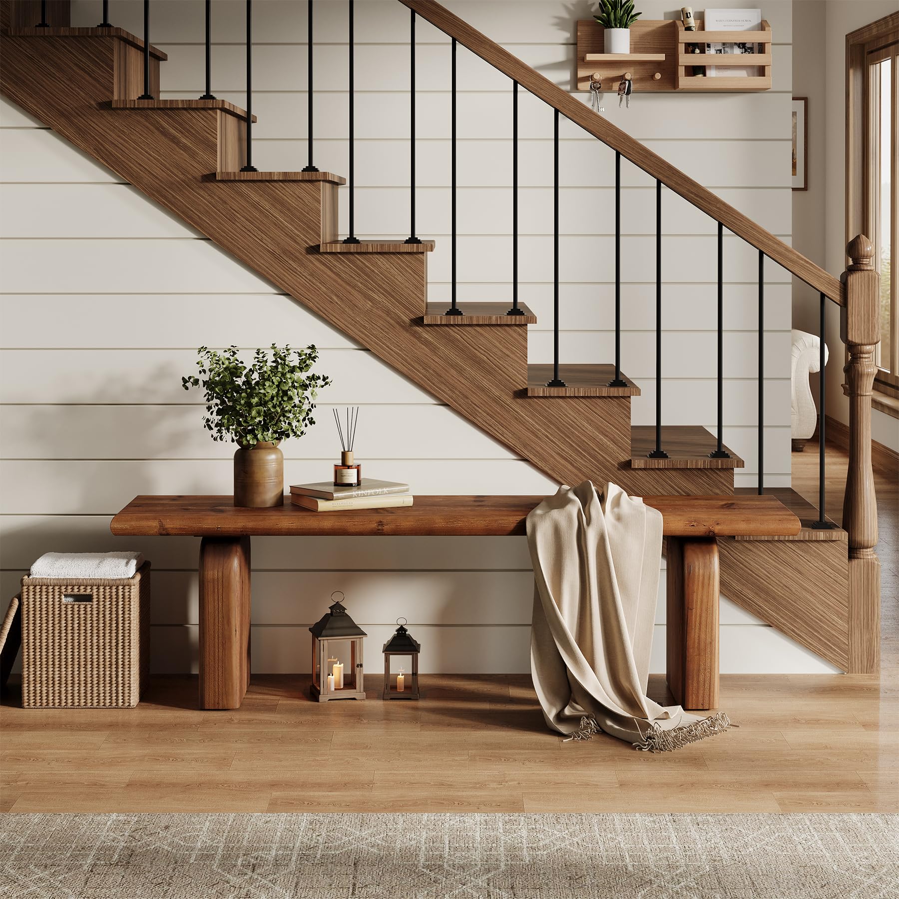 62.99" Solid Wood Entryway Bench, Indoor Wooden End of Bed Bench | Farmhouse Style, Ideal for Entryway, Hallway, Bedroom, Dining Room, Living Room, Easy Assembly, Rustic Brown
