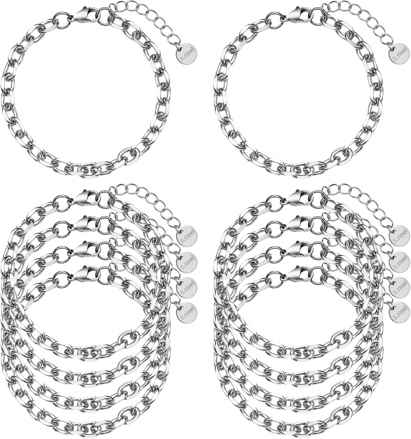 UMAOKANG 12PCS Stainless Steel Bracelet Bulk 6.5Inch Classic Paperclip Chain Bracelets Set for Women and Men DIY Jewelry Making