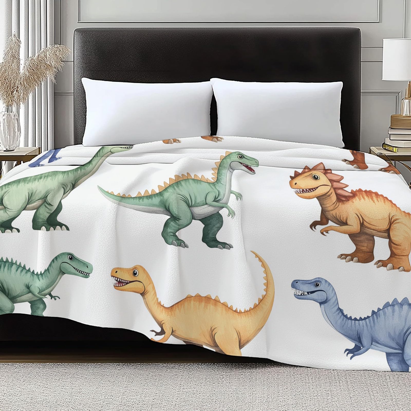 Koc flanelowy 220 x 240 cm Dinozaur Akwarela Puszysty koc z mikrofibry, na sofę i łóżko, miękki i ciepły koc flanelowy, lekki
