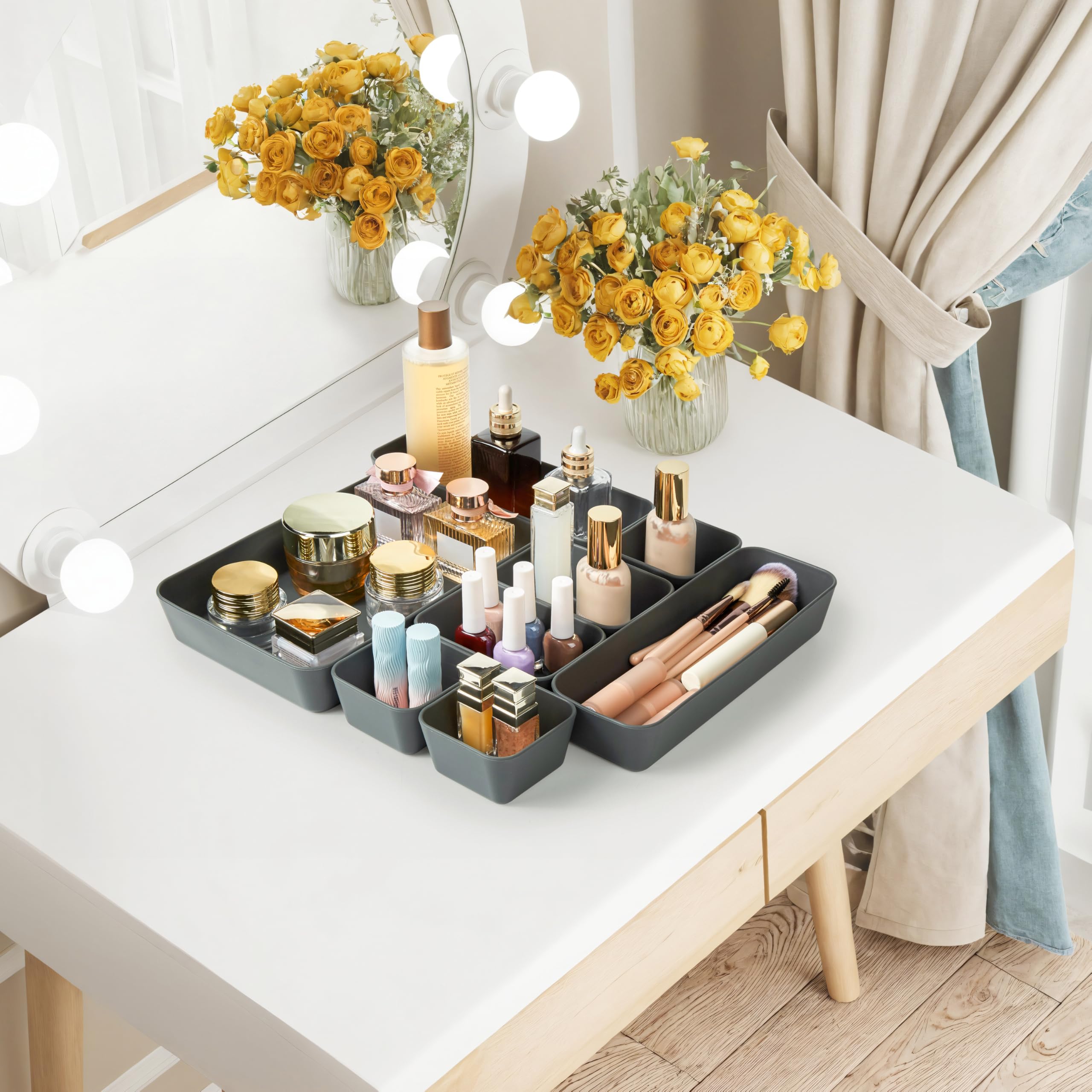 ISSEVE Set di 8 organizer per cassetti in silicone, versatili in 4 dimensioni, organizer per cassetti da bagno, divisori, organizer per cassetti da scrivania, per ufficio, cucina, camera da letto e