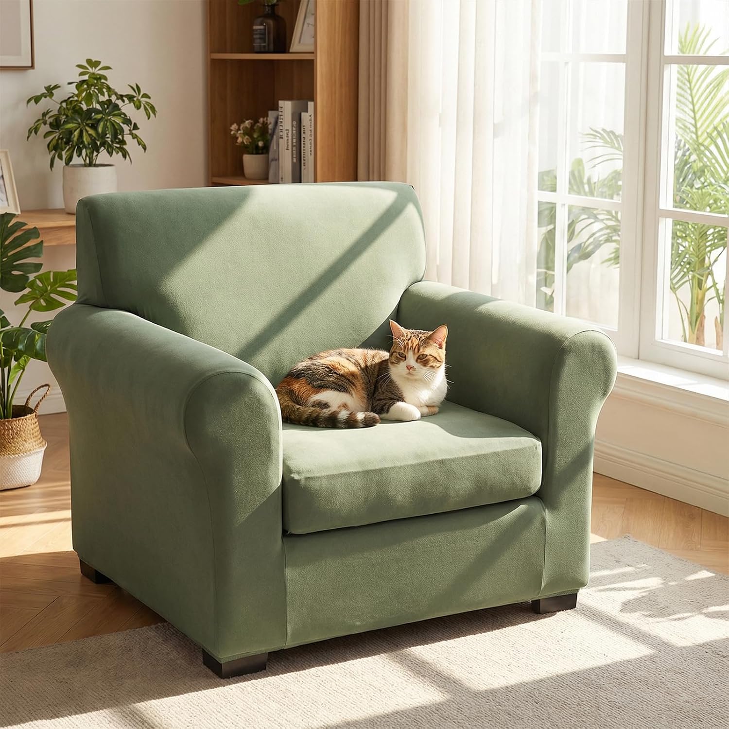 Eco-Ancheng Chair Covers Sofa Couch Cover Armchair Sofa Slipcover with Separate Seat Cushion Cover with Elastic Bottom 1Seat Chair Slip Cover with Arms Furniture Protector for Living Room Kids Pets,11