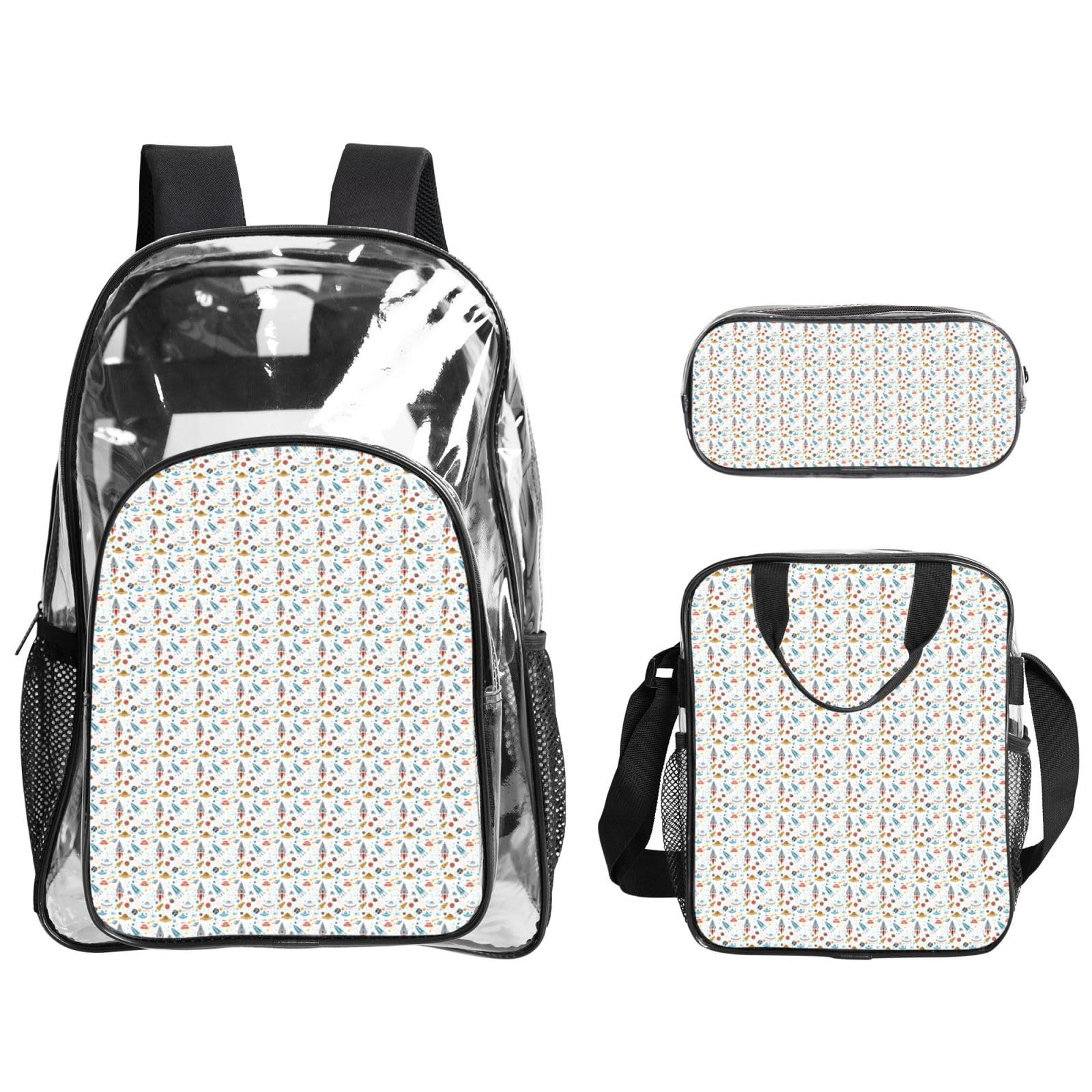 Zaino trasparente con stampa di razzi dei cartoni animati, per scuola, viaggi, viaggi, viaggi, viaggi, viaggi, concerti, 3 pezzi