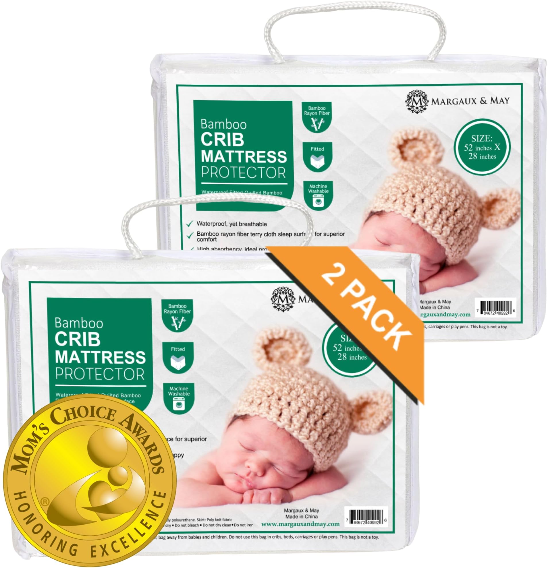2 Pack Ultra Soft Crib Mattress Protector Pads by Margaux & May - Waterproof - Noiseless - Dryer Friendly - Deluxe Bamboo Rayon - Fitted, Quilted - Stain Protection Baby Cover (2 Pack)