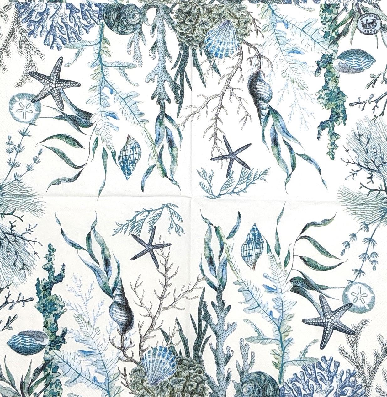 Set of 2 Individual Decoupage Paper Party Napkin Sea Ocean Life Plants Watercolor Decor Luncheon Napkins for a Birthday Holiday, Wedding, Cocktail Party