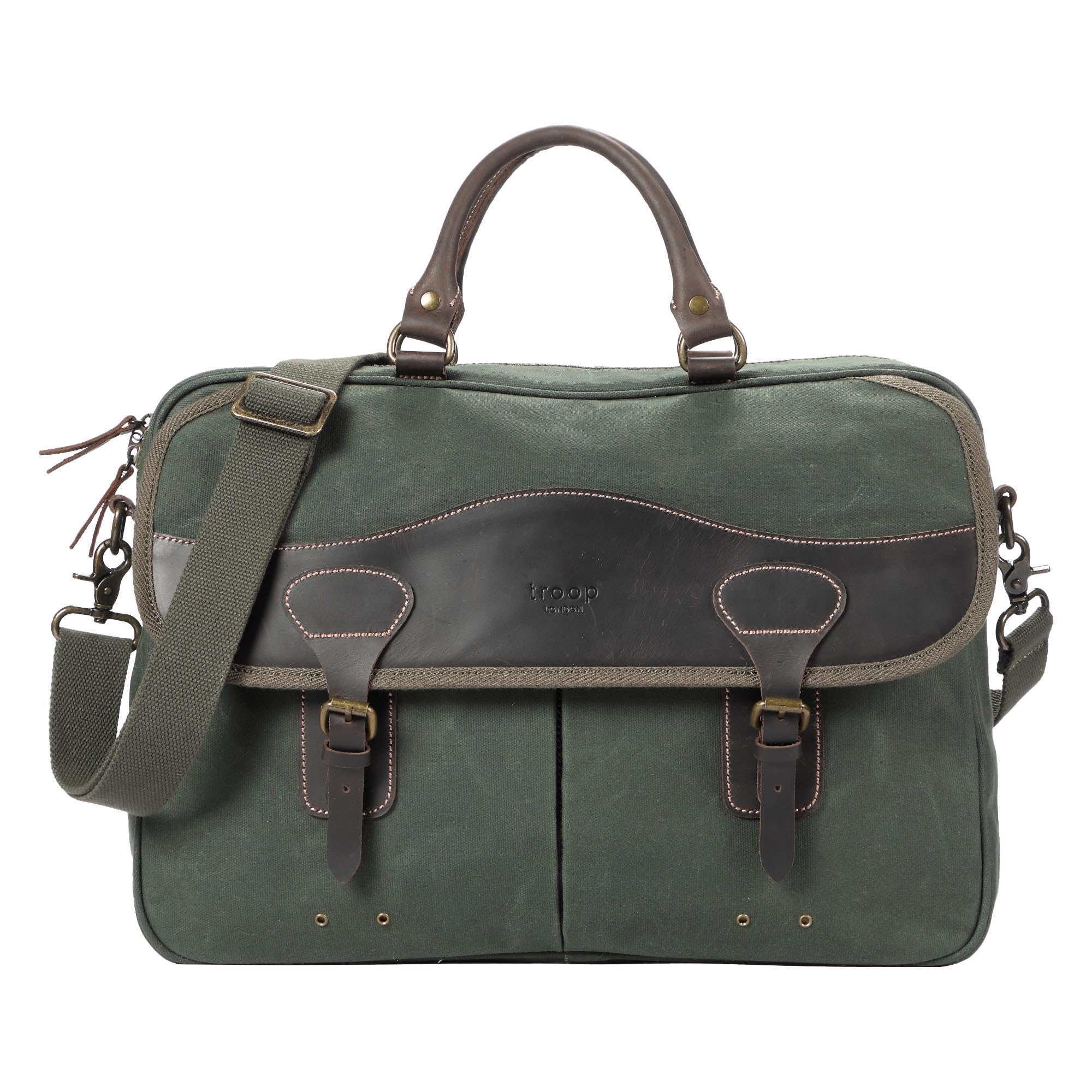 Troop London TRP0545 Heritage Canvas Messenger Bag, Shoulder Bag, 15” Laptop Bag, Laptop Briefcase, Messenger Bag with Top Carry Handle Dark Green