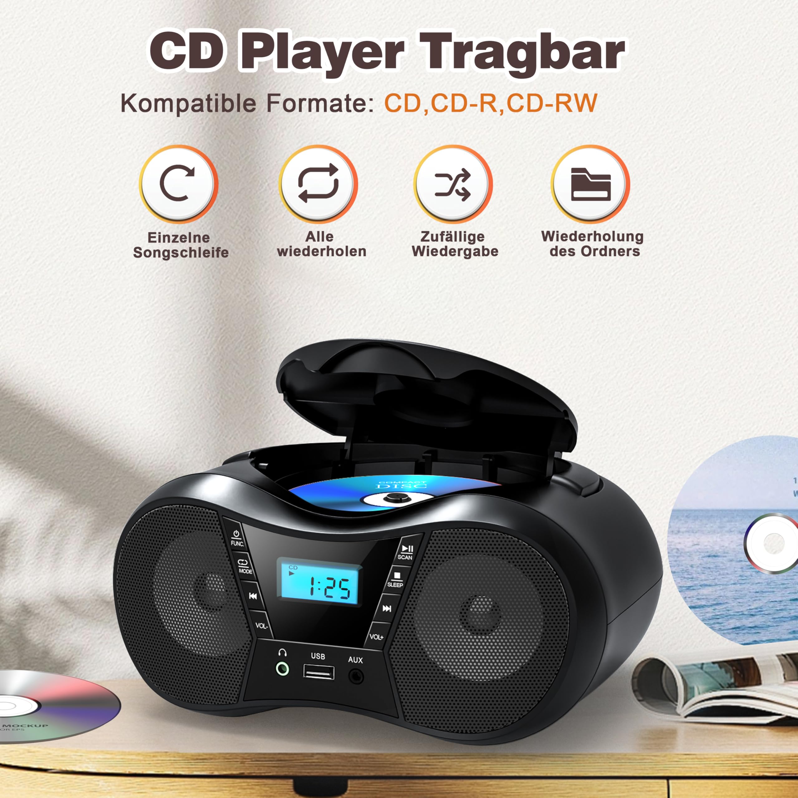 Greadio Tragbarer CD Player Bluetooth 5.1, Boombox Radio mit CD-Player, USB, AUX-In, Netz- und Batteriebetrieb, LCD Display, Kompatibel mit CD/CD-R/CD-RW, CD Spieler für zu Hause oder draußen