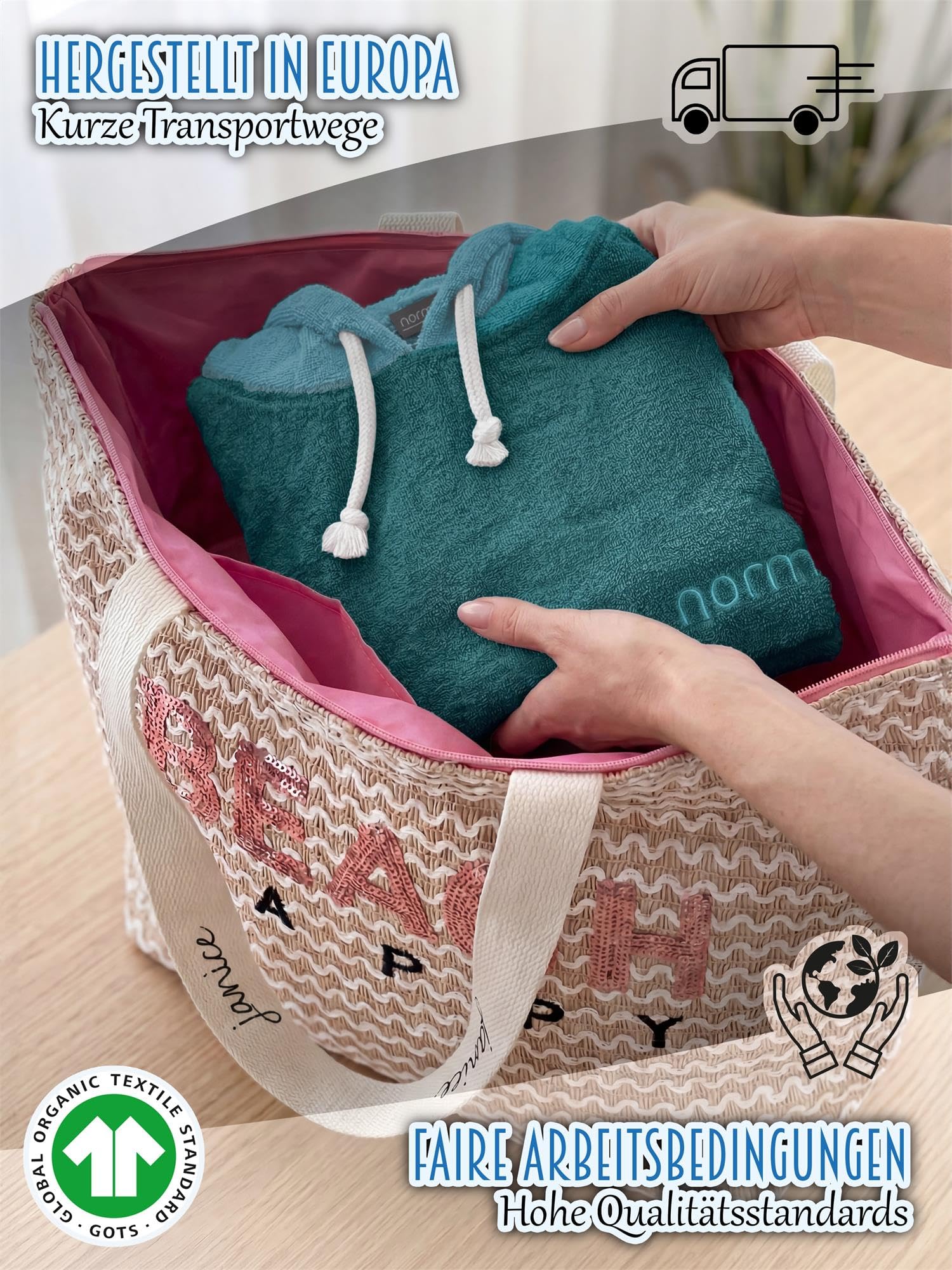 normani Baumwoll Surfer Poncho - Strandponcho - Handtuch-Poncho - Unisex Strand Umziehhilfe - geschlossener Bademantel für Damen und Herren Petrol/Türkis S-M