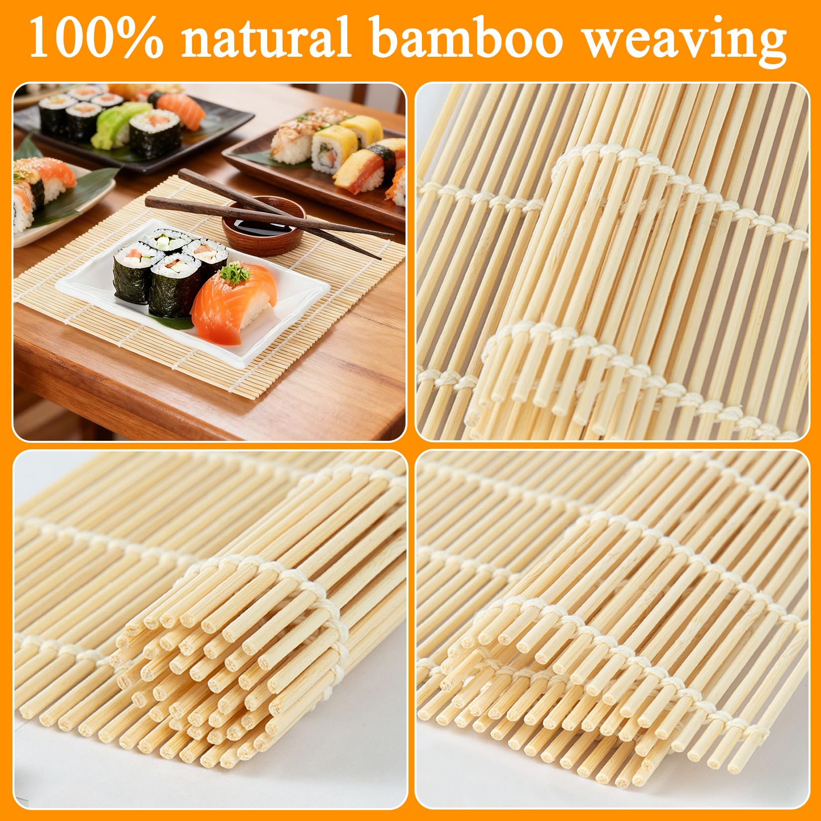Sushi-Matte aus Bambus, Sushi-Rollmacher für Kimbap Sushi Maki Rollen, einfach hausgemacht (24,1 x 24,1 cm), 4 Stück