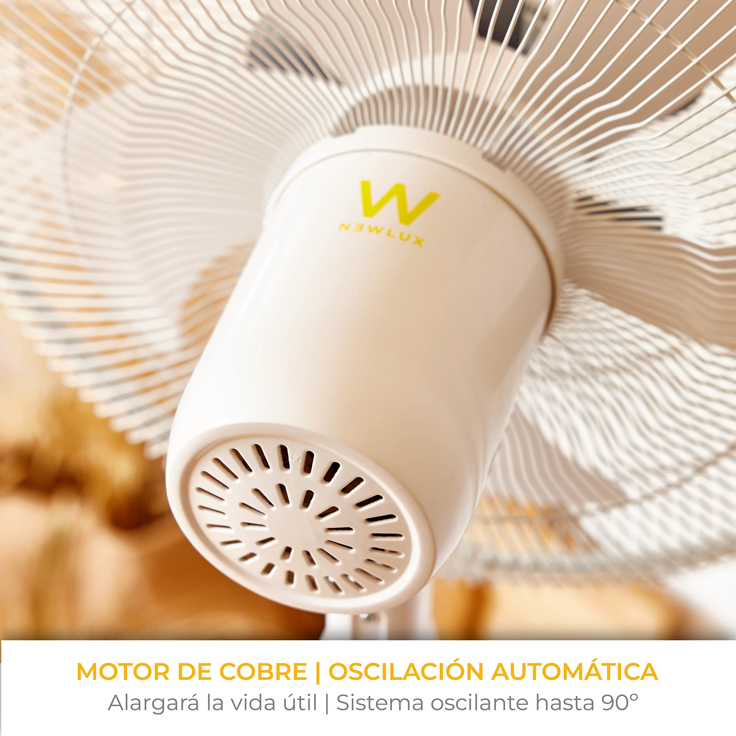 Newlux - Ventilador de Pie con Mando a Distancia 3 en 1 W1050 Smart 10 Aspas de ø40cm, 3 Vel. y Temporizador 18h. Ventilador de Pedestal Oscilante 90º con Altura Regulable 130, 100 o 70cm (Blanco)