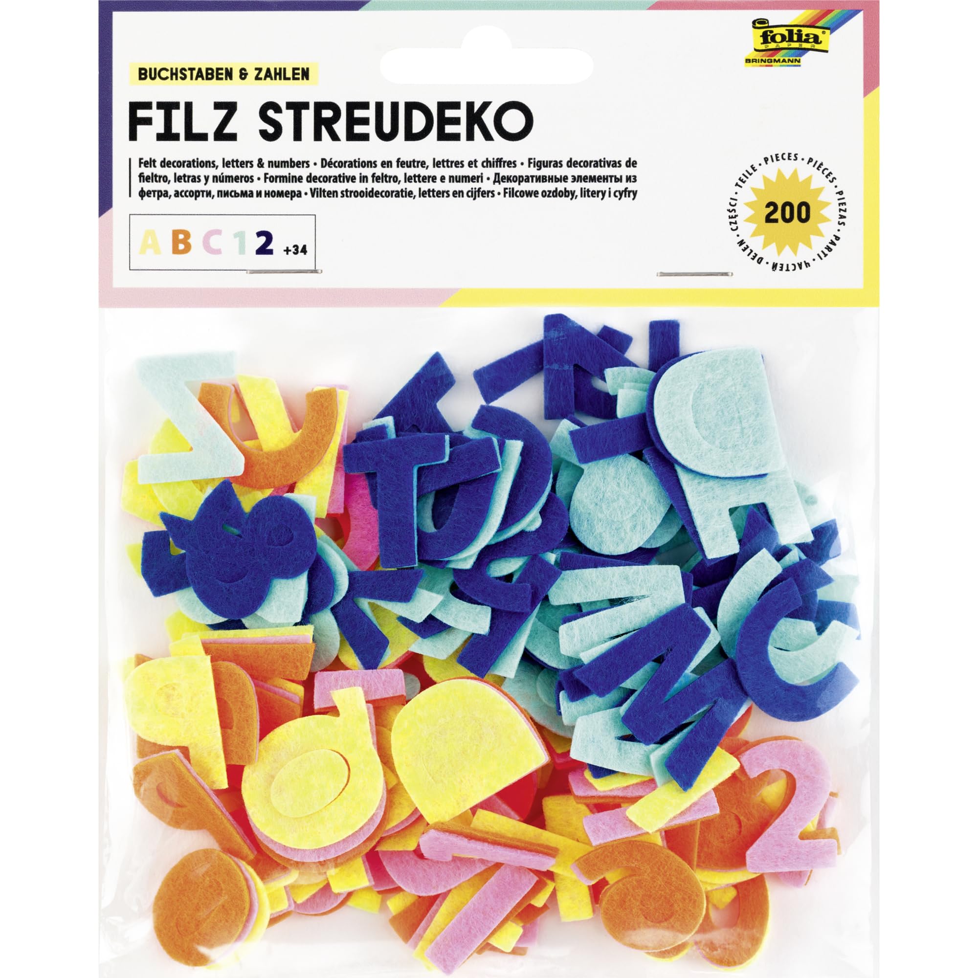 folia 5254 Felt Scatter Decoration Letters & Numbers, 200 Letters and Numbers in 5 Colours, Decoration for Back to School