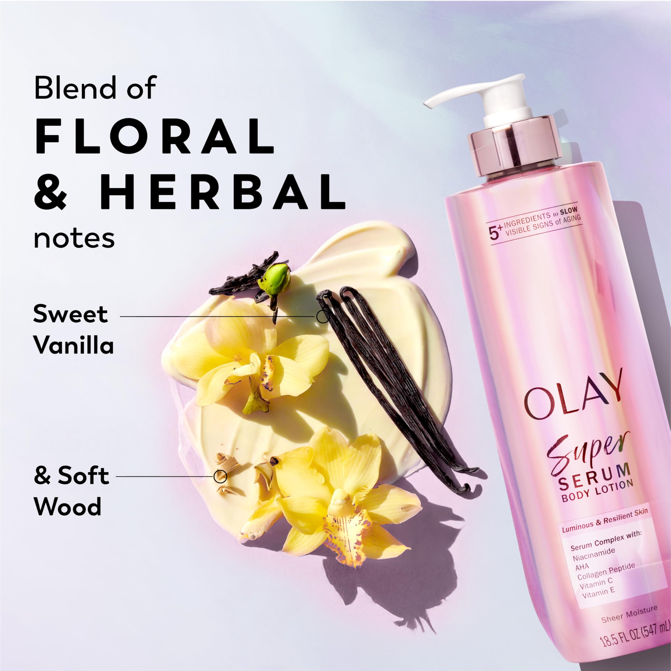 Olay Super Serum Hand & Body Lotion for Dry Skin, 24hr Long Lasting Hydration, 5+ Ingredient Serum Complex for Bright Even Firm Luminous Skin, Sweet Vanilla & Soft Wood Scent, 18.5 fl oz