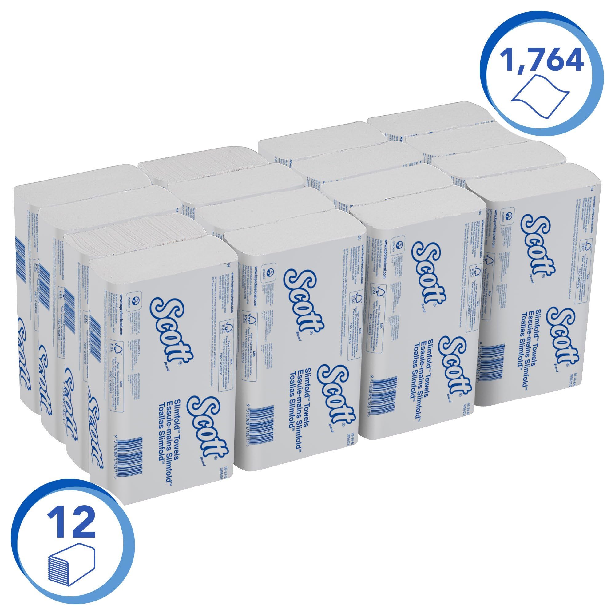 Scott Papierhandtücher Slimfold, 1-lagige weiße Papiertücher für Spender, Mit Airflex-Technologie und Einzelblattentnahme, 12 Packungen x 147 Falthandtücher (1.764 Tücher), Artikel-Nr. 5856