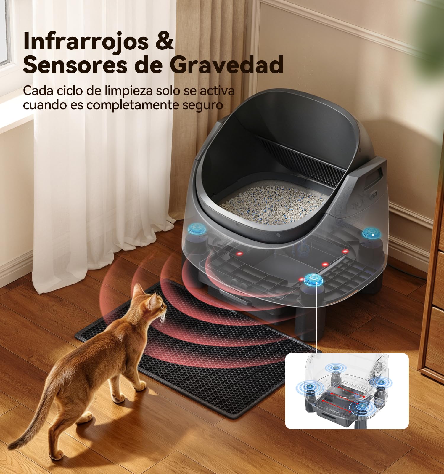FEELNEEDY Arenero Gatos Autolimpiable | Sistema de Neutralización de Olores para Gatos 1-15kg, Control App & Seguridad Multi-Sensores, Altura de Entrada Regulable