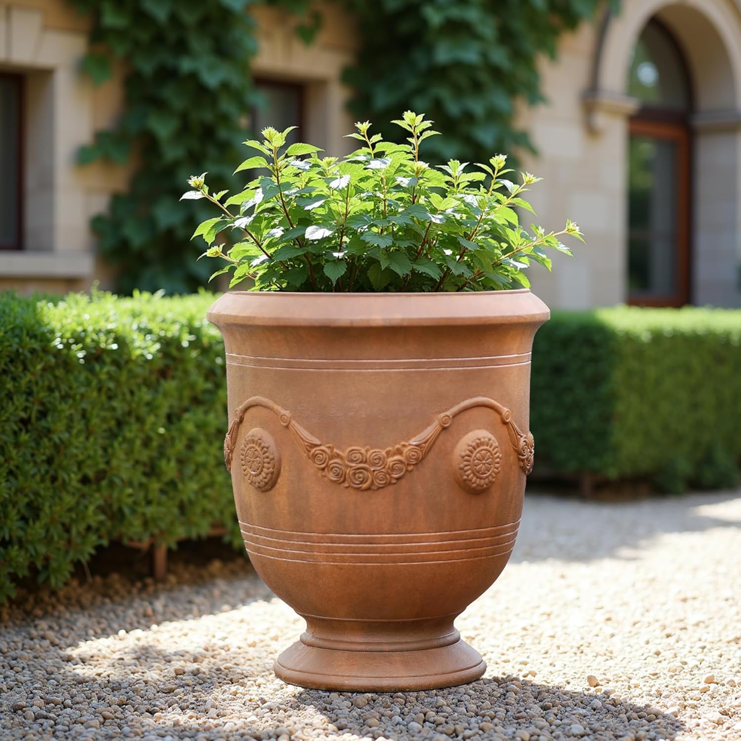 Worth Garden Large Urn Planter - 14" Dia x 17.5" H Lightweight Magnesium Oxide Plant Pot with Cement Texture - Rust-Like Finish Concrete Urn Planter with Drainage Hole for Indoor & Outdoor Decor