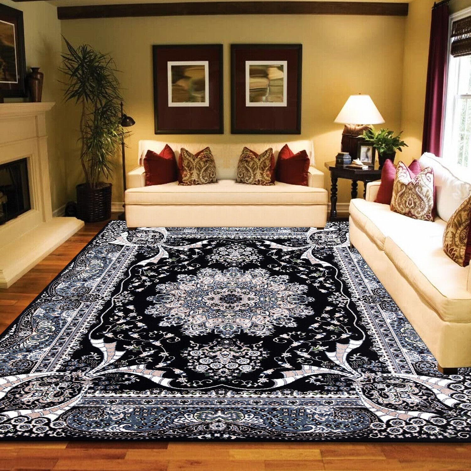 Q Style Modern RADA Rugs Living Room - Luxury Soft Area Rugs for Bedroom Hallway Runner Carpet - Washable Traditional Rug Indoor Mats (Black, 120 x 120 cm (ROUND))