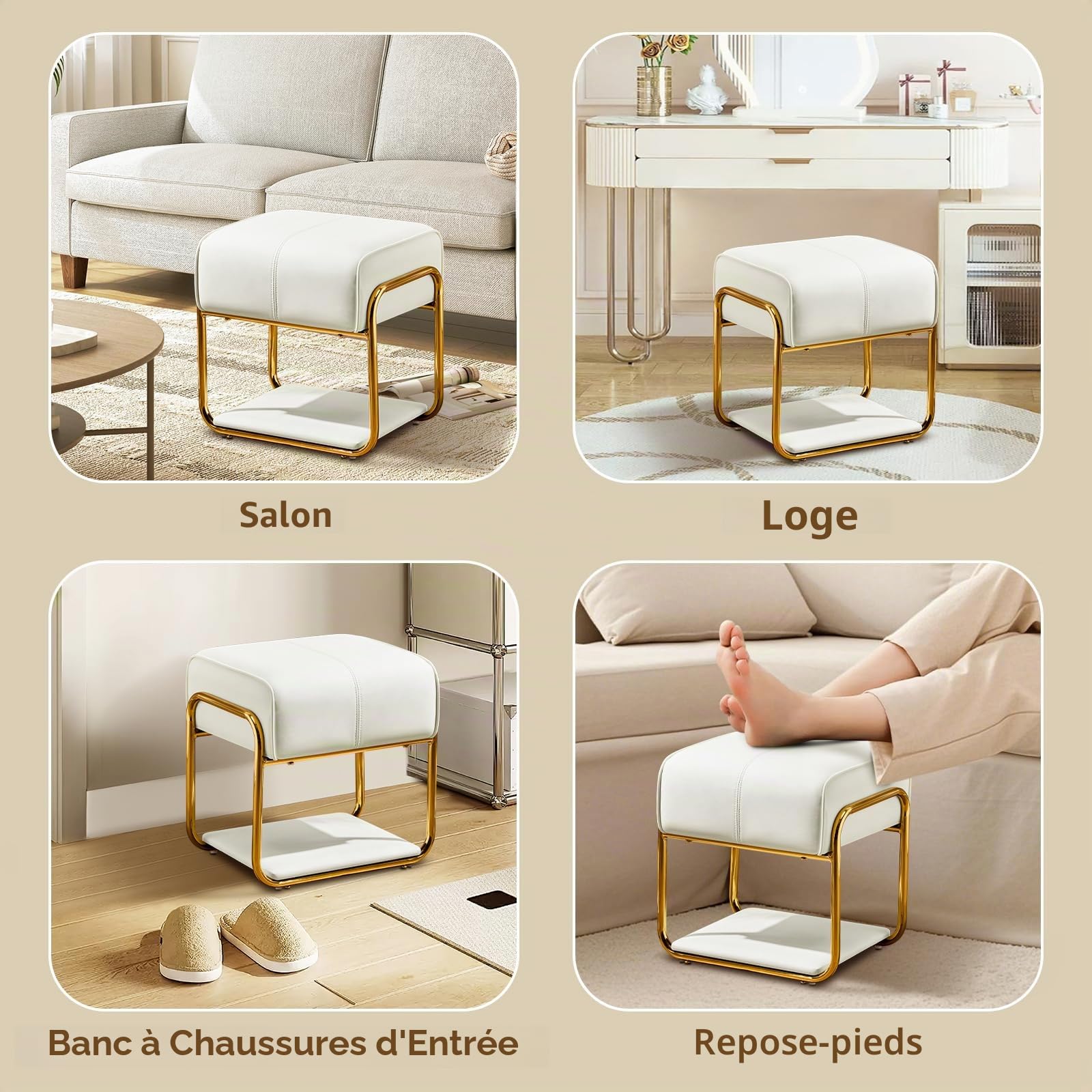 Hellove Tabouret Coiffeuse, Tabouret Chaise de Maquillage avec Pieds en Acier doré en Cuir, Pouf Coiffeuse Confort Vanity Stool Fille pour Dressing Room, Salon, Chambre, Capacité 135 kg, Blanc