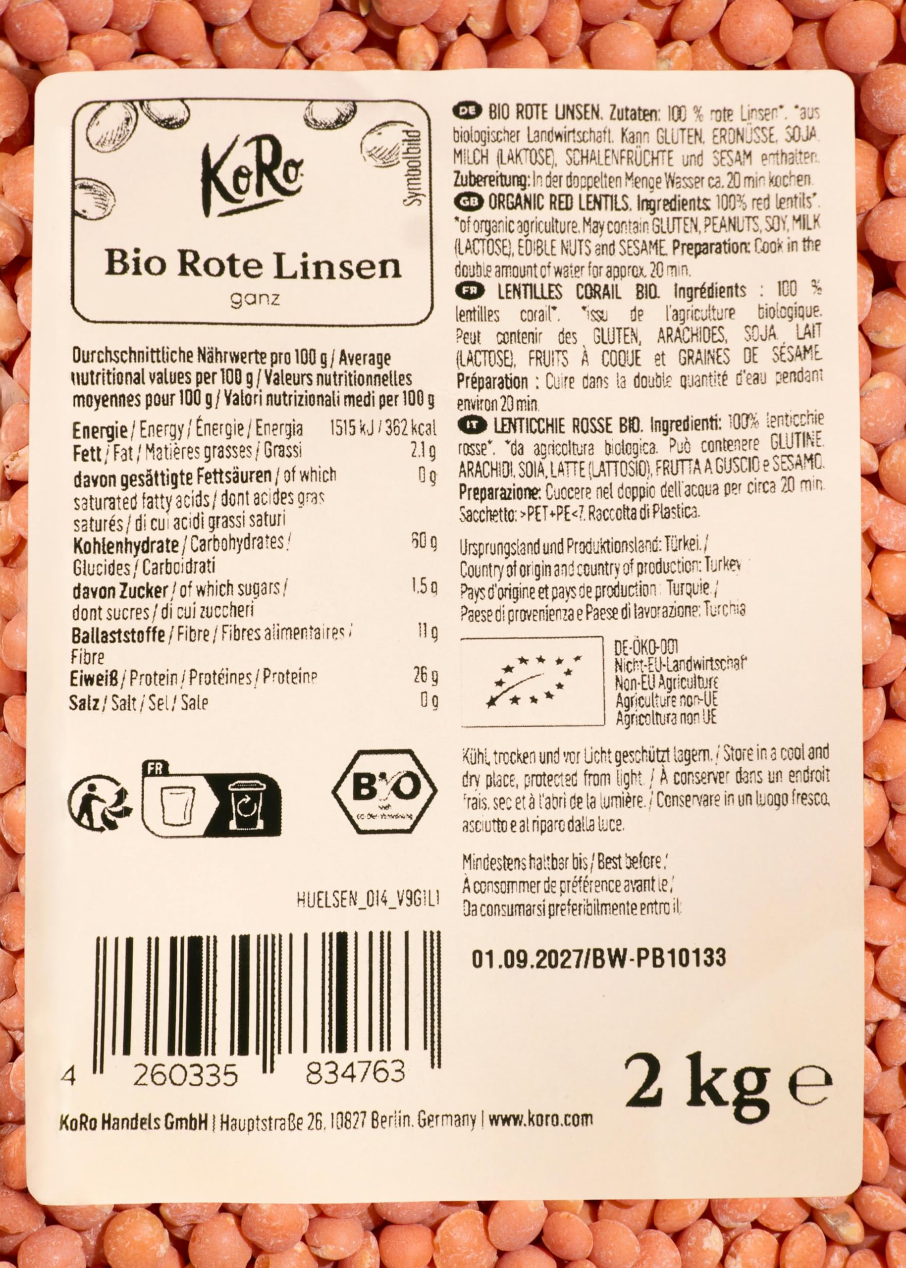 KoRo - Lentilles corail bio 2 kg - Source de protéines végétales, idéal pour la soupe, le bouillon de legumes et les plats en sauce