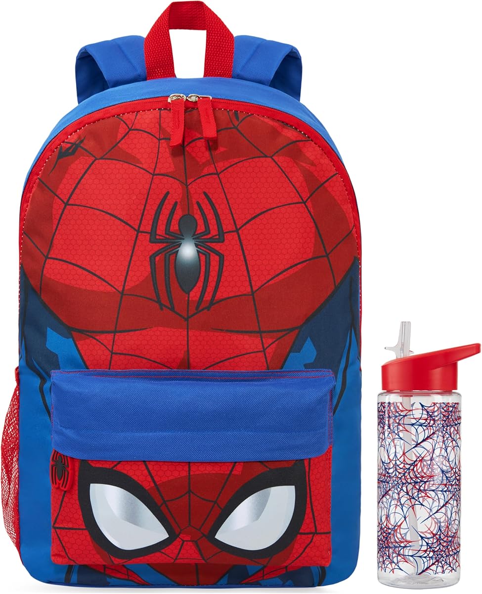 Get Trend Marvel Spider-Man Mochila y botella de agua para niños, juego de 2 piezas | Mochila de 17 pulgadas, correas acolchadas ajustables, botella de agua sin BPA de 16,9 onzas líquidas con pajita para la escuela, viajes, regalos para niños