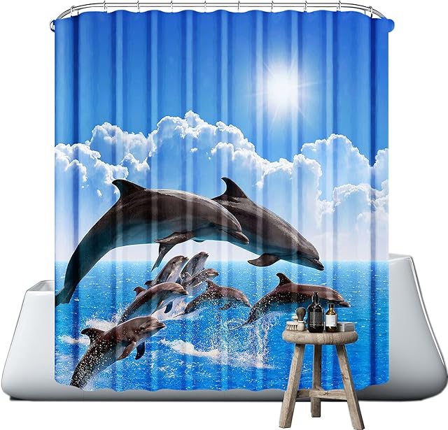 WOWTOY Blue Shower Curtain, Machine Washable Water Repellent Polyester Fabric Bathroom Shower Curtain, Quick-Dry Decorative Bath Curtains with 12 Hooks (Dolphin Couple, 180 x 200 cm)