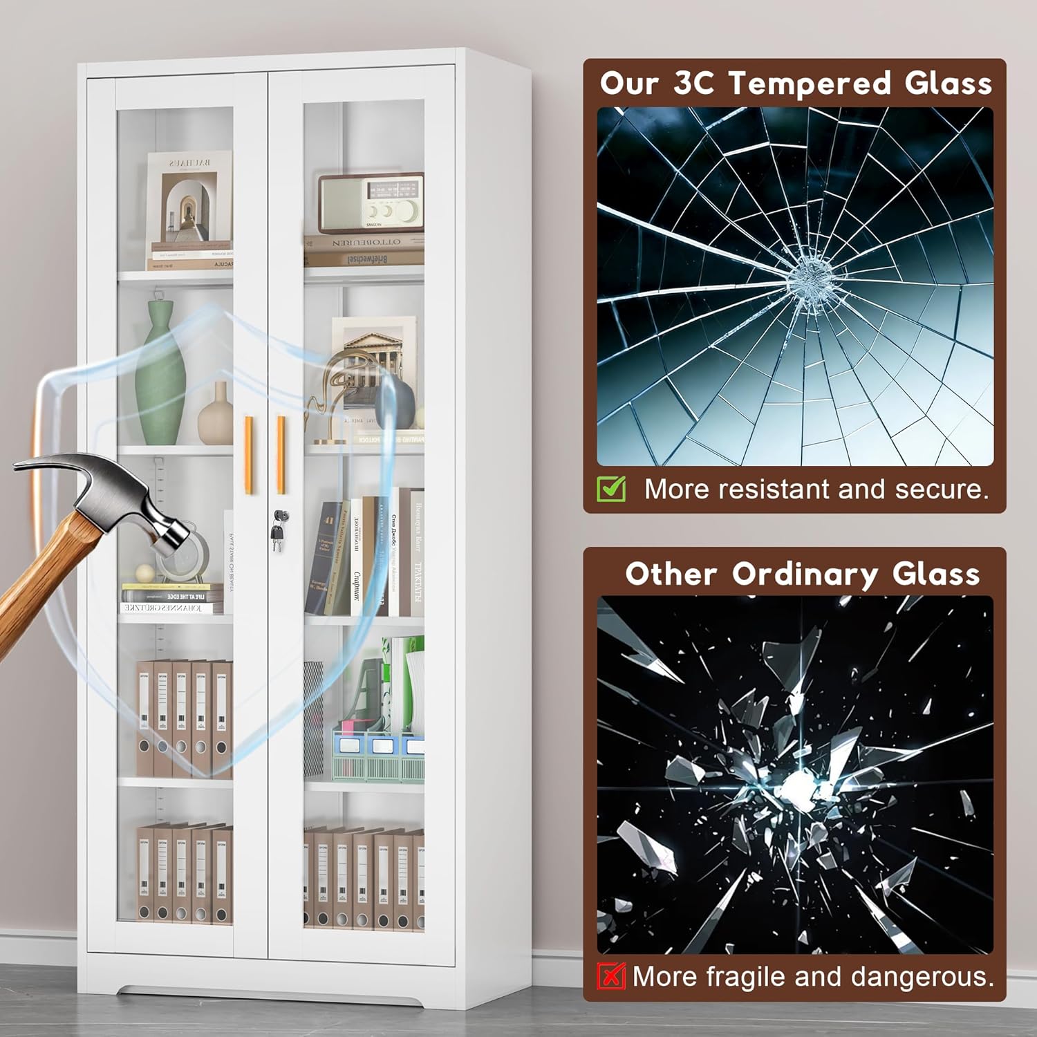 Lockable Display Cabinet with Glass Doors, Curio Cabinets with 4 Adjustable Shelves, Liquor Bookcase Bookshelf with Doors, Metal Storage Cabinet for Living Room Pantry, White