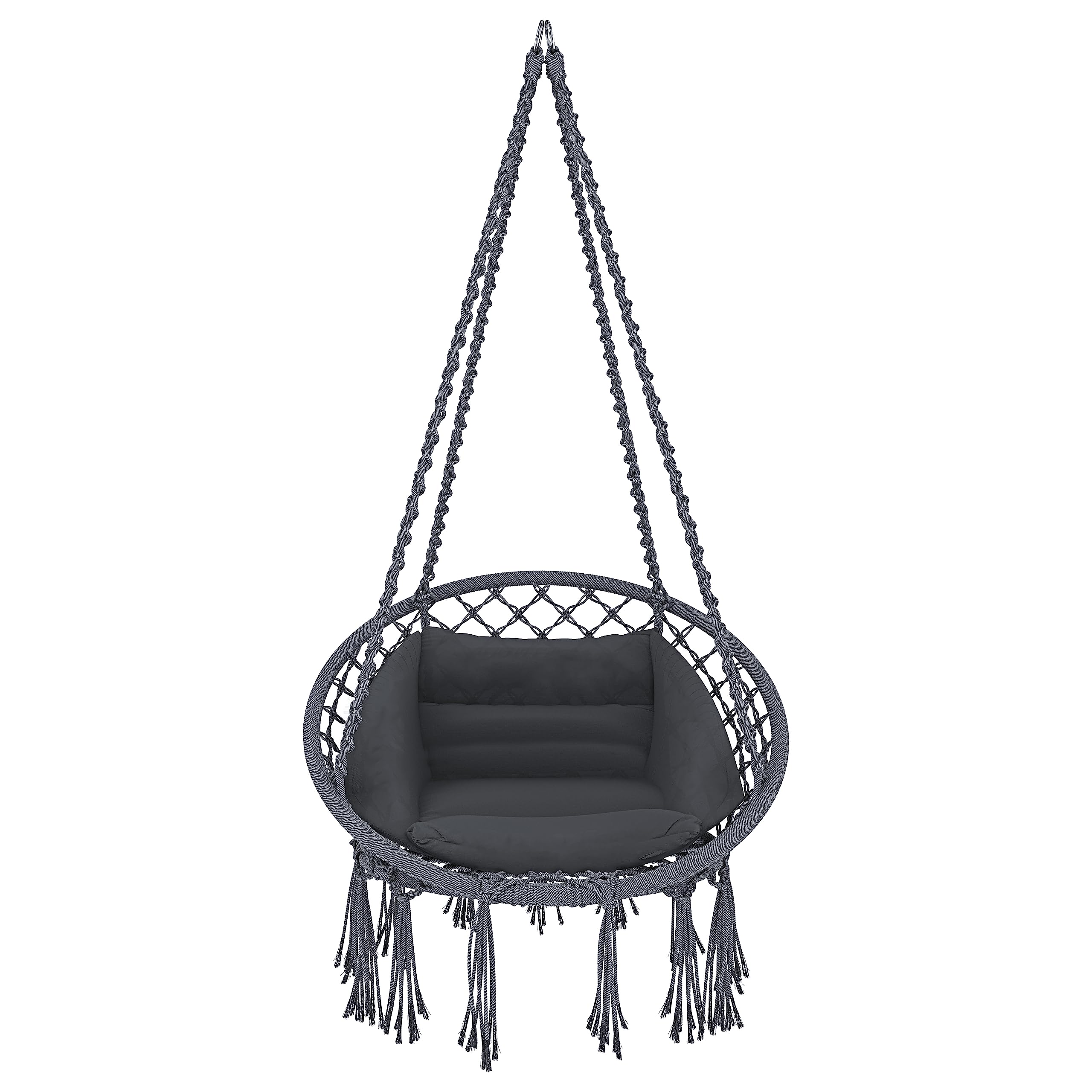 Arreditaly Poltrona Sospesa Da Giardino Corda Di Cotone Effetto Macrame' Struttura Pensile In Acciaio Cuscino Amaca Sedia A Dondolo Con Seduta Imbottita Terrazzo Design Moderno Fino A 160 Kg (Grigio)