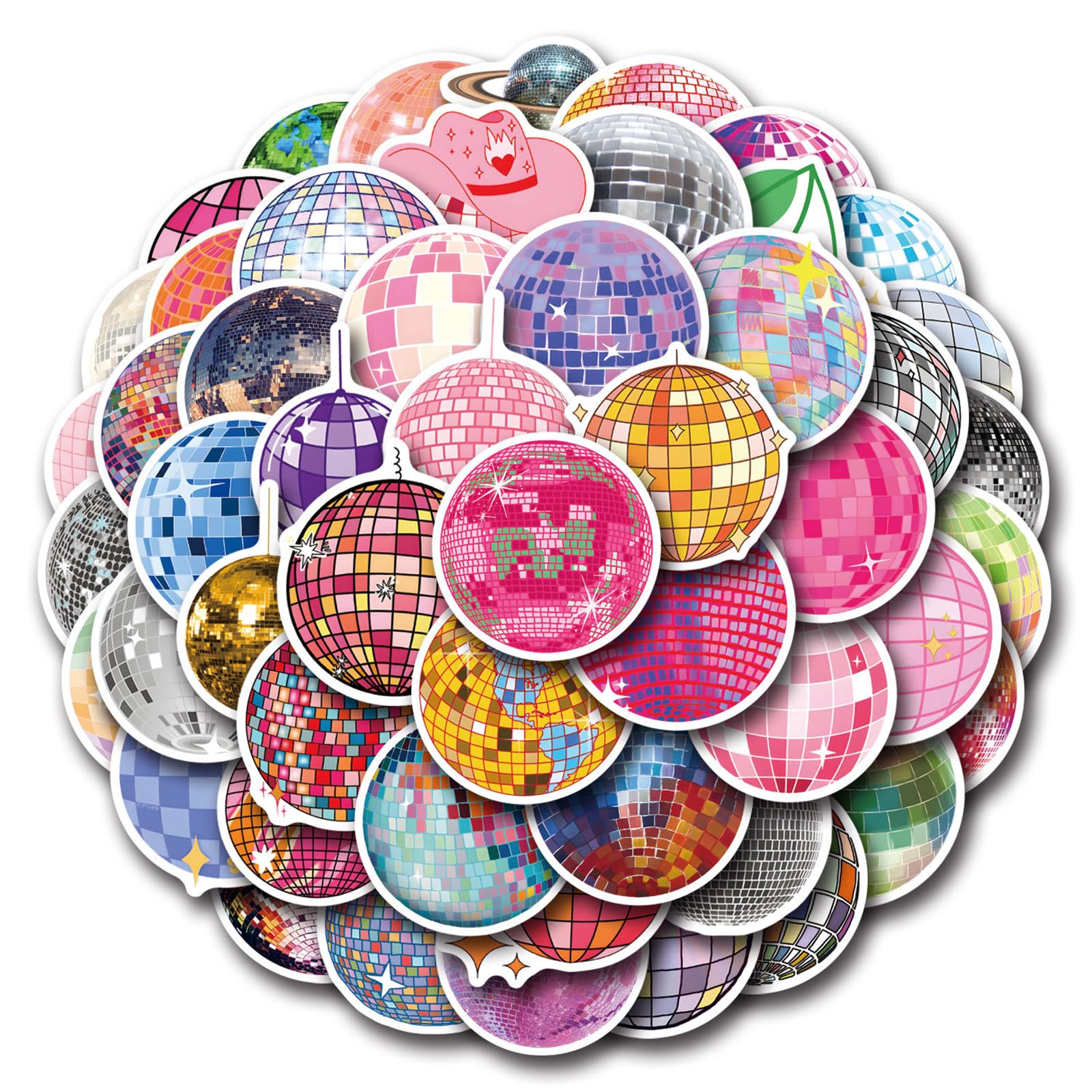 55Pcs 70s 80s Disco Ball Stickers Colorful Ball Stickers for Water Bottles Waterproof Laptop Luggage Scrapbooking Teens Adults Girls Vintage Aesthetic