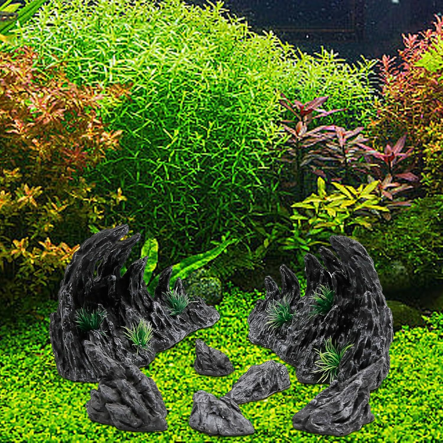 Large “Soul Valley” 7pcs Resin Aquarium Decor Set – Fish Tank Decorations, Imitation Stone Ornaments for 12-20 inch aquariums, Natural Rock Style Decor for Fresh/Saltwater Landscaping Aquariums