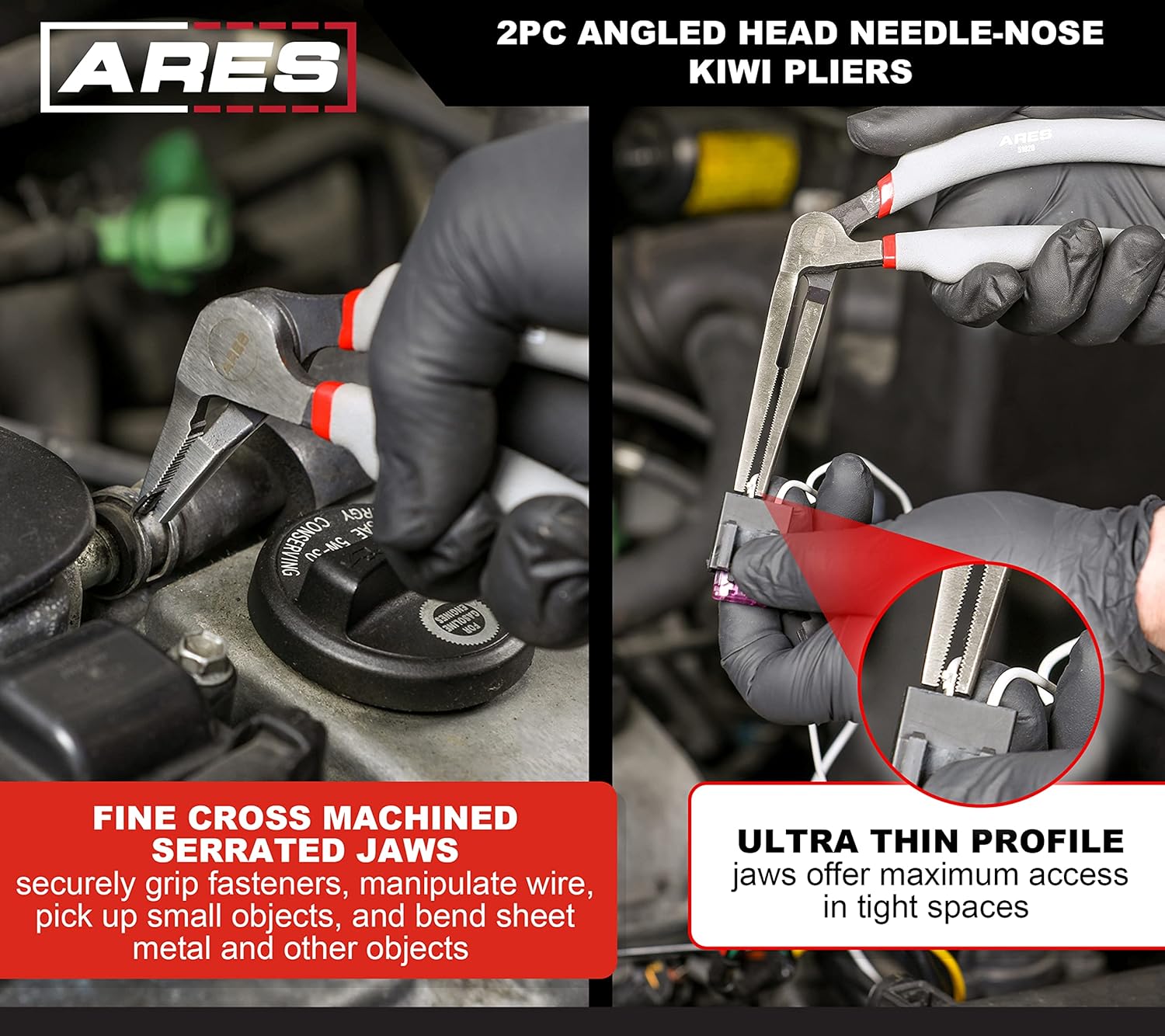 ARES 51018 – 2-Piece Angled Head Needle Nose Kiwi Pliers Set – 6-Inch and 8-Inch Pliers - Double Injection Handles for Superior Grip – Offset Angled Head Offers Increased Access and Leverage