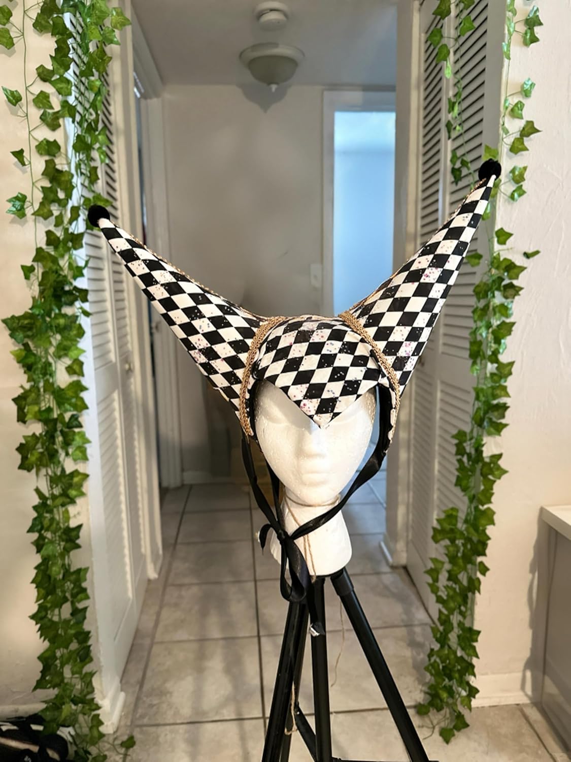 Jester Double Horn Headpiece, Handmade Costume Hat, Renaissance Carnival Masquerade Accessory, Medieval Black and White Checkered Pattern with Gold Trim