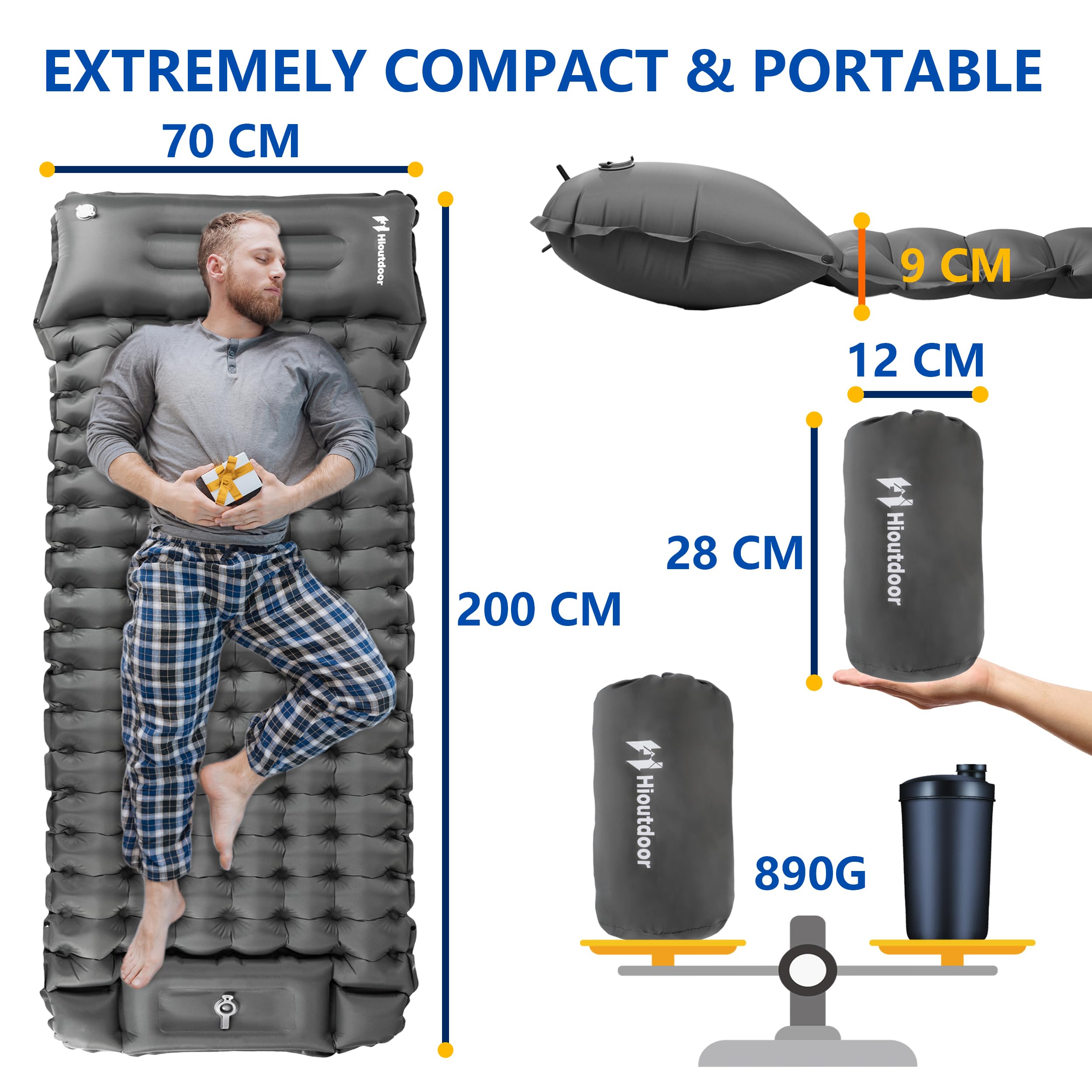 Hioutdoor Matelas Gonflant 10CM Camping Ultra Léger Gonflable avec Pompe/Oreiller (Gris)