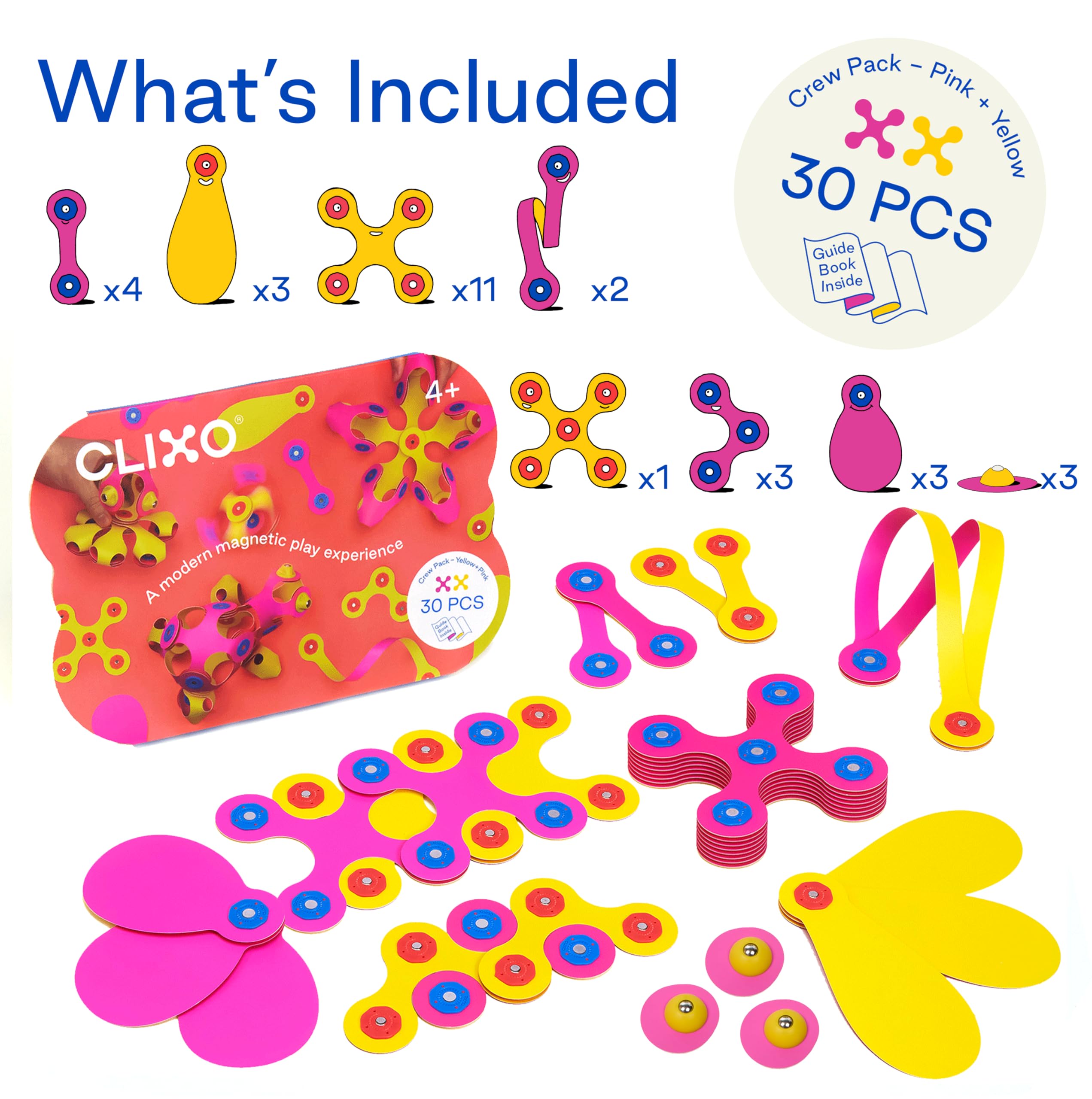 Clixo Crew 30 Piezas – Juguete magnético Flexible y Duradero, diseño Modular Stem estimula Creatividad. Juego multisensorial. Juega en Cualquier Lugar