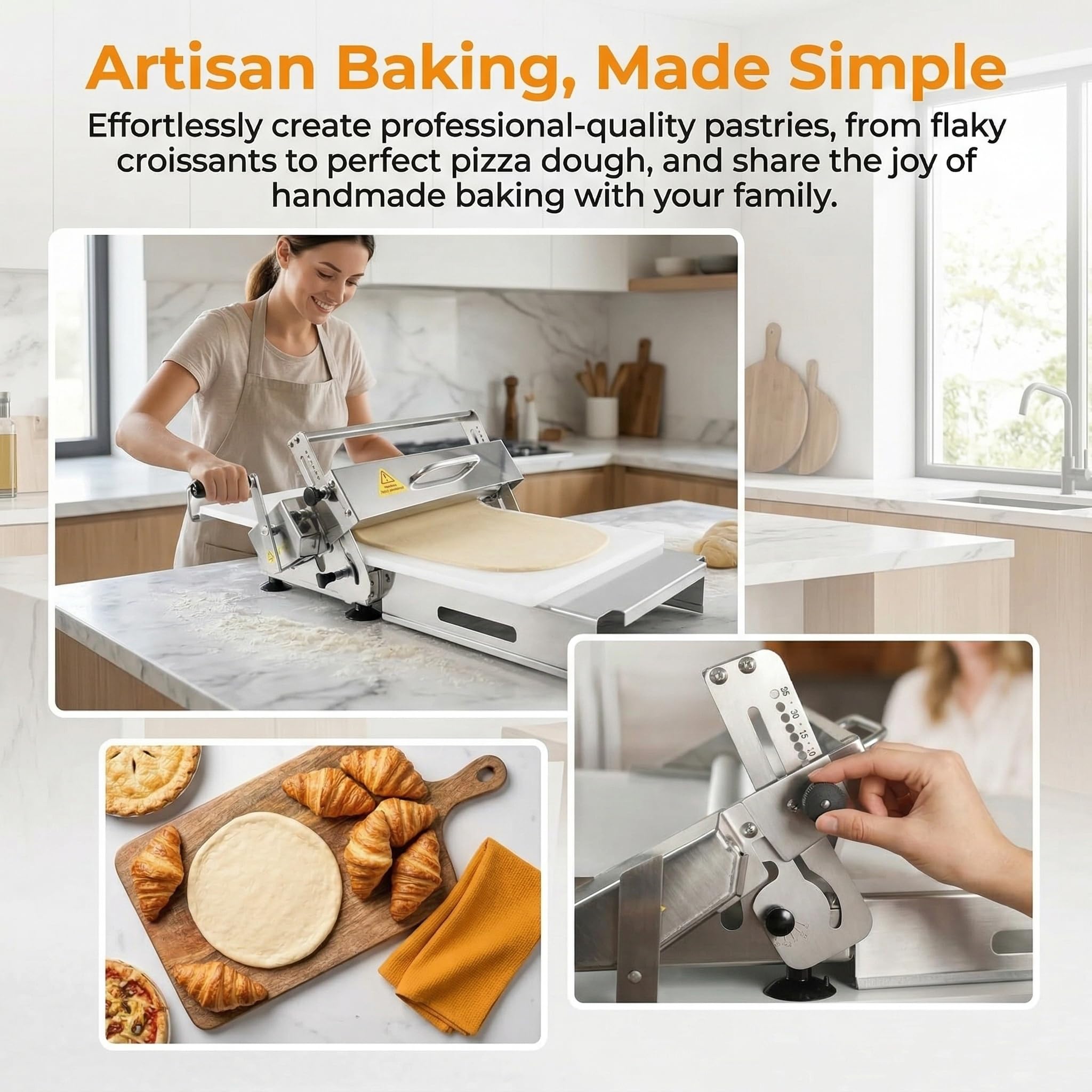 Laminoir Manuel 15,5 Cm - Machine à Laminer Portable en Acier Inoxydable avec Plateau Antiadhésif, épaisseur Réglable De 0,2 à 27 Mm pour La Pâtisserie Domestique Et Professionnelle