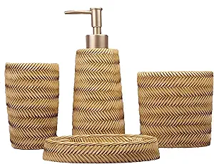 Hymmah Bamboo Design Bathroom Accessories Set,Toothbrush Holder,Farmhouse Bathroom Decor,4 Pcs Resin Gift Set Apartment Necessities, Contain Toothbrush Cup,Soap Dispenser,Tumbler
