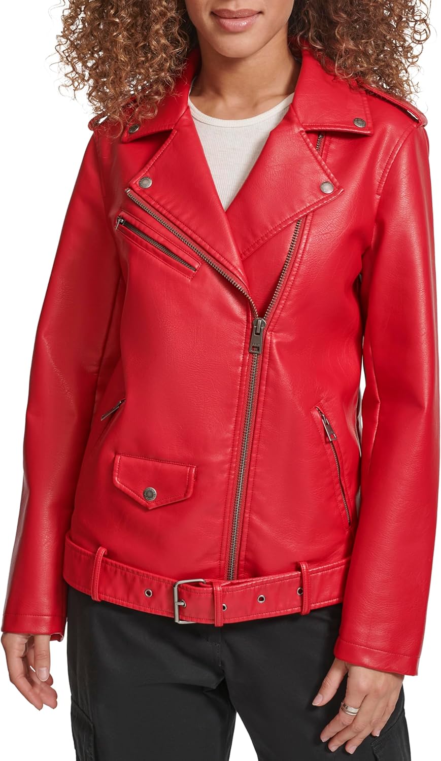 Levi's womens Oversized Faux Leather Belted Motorcycle Jacket (Standard & Plus Sizes)