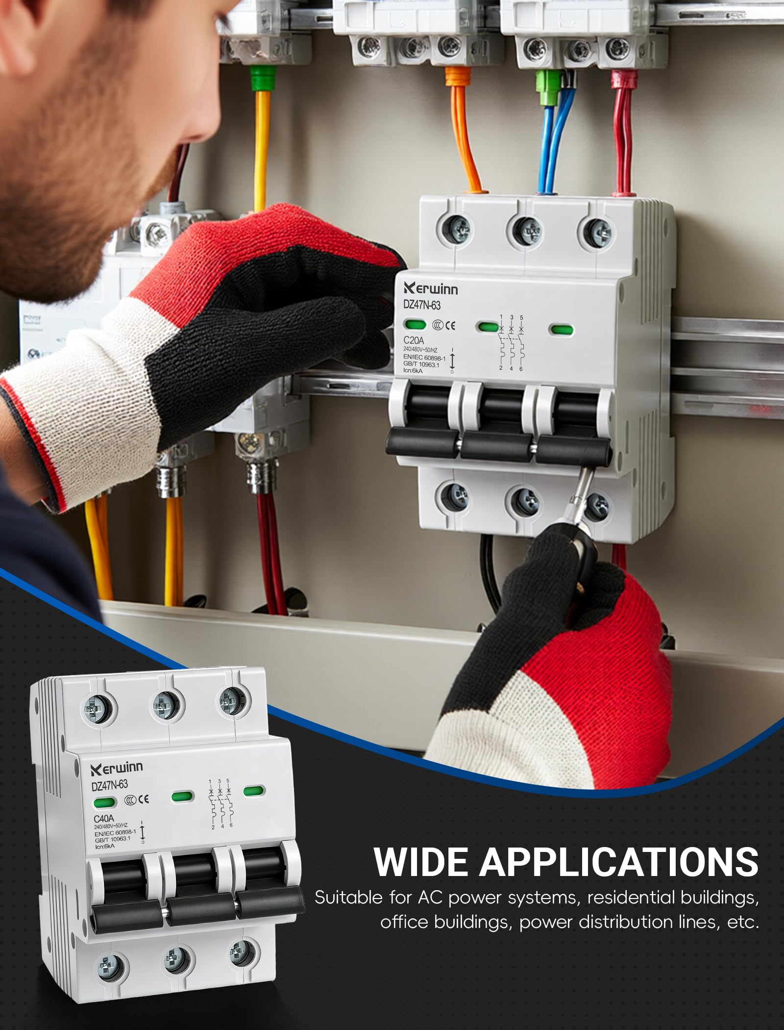 3 Pole Miniature Circuit Breaker,240V/480V AC Circuit Breaker, 50Amp Thermal Magnetic Trip Smart Circuit Breaker AC Disconnect Switch DIN Rail Mount (50A) — Amazon image 7