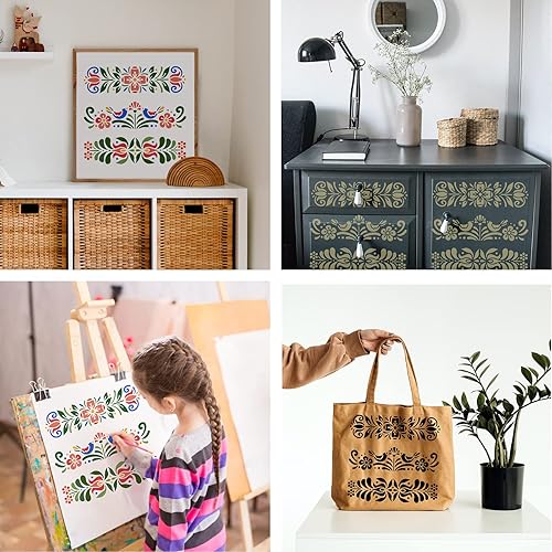 Miniatura 5 de BENECREAT Plantillas de plantillas de pintura decorativa folklórica de plástico, 12 x 12 pulgadas, patrón floral, estilo escandinavo, plantillas de