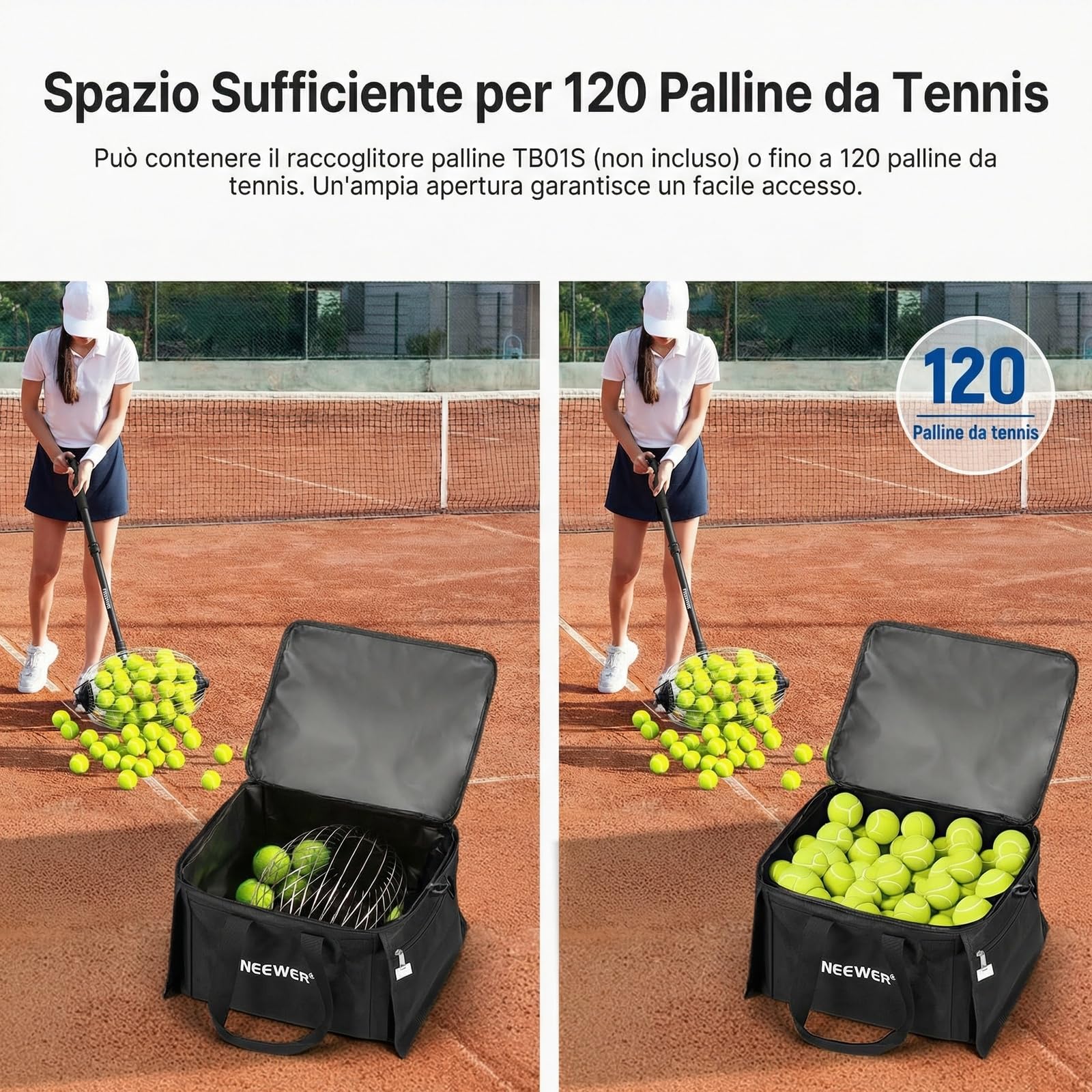 NEEWER TB03B Borsa Porta Palline Tennis, Cestello da Trasporto per Tramoggia di Raccolta Pieghevole in Poliestere con Tasche Laterali per Raccoglitore Palline TB01S, Max 120 Ball, Solo Sacca Inclusa