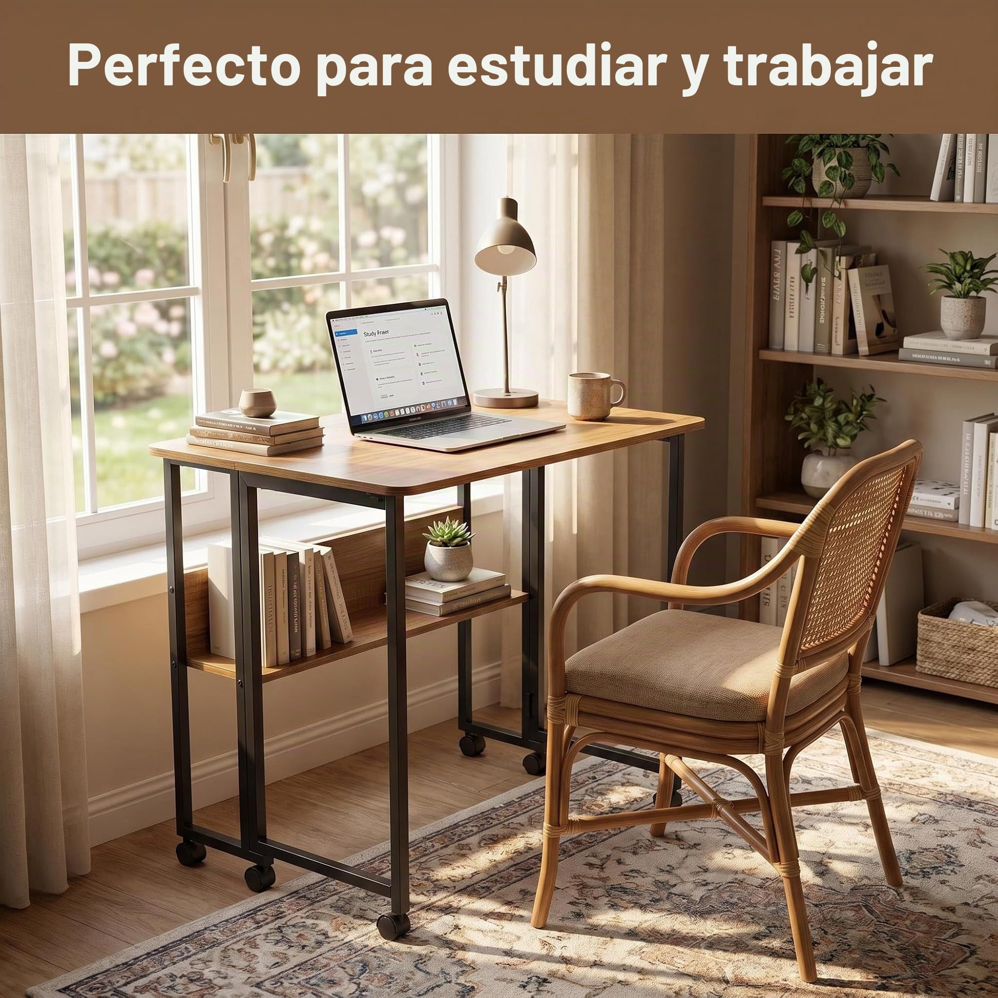 Fiutazge Mesa Escritorio Plegable con Ruedas y Almacenamiento, Mesa Plegable de Pequeño Espacio para Estudio, Casa Oficina, Computadora Manualidades,Marrón y Negro