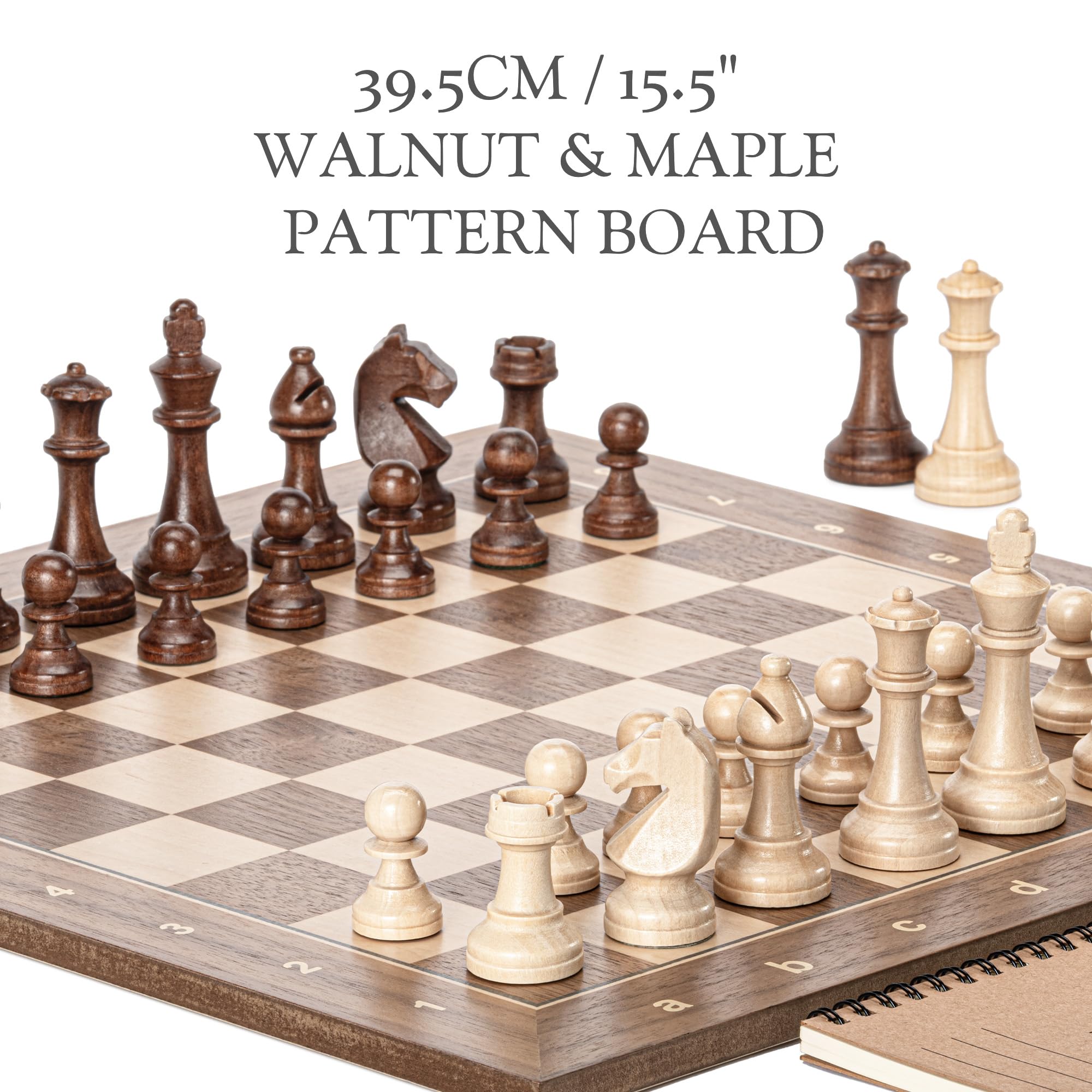 A&A Juego Profesional de Ajedrez y Damas, Tablero de Madera de 15.5" con Piezas de Ajedrez de Madera Ponderadas de 3" (2 Reinas Extra), Libro de Puntuación y Bolsa de Almacenamiento