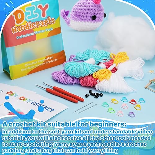 Miniatura 6 de kgxulr Juego de 3 piezas de ganchillo de ballena colorida, kit de ganchillo de animales para principiantes, bonito kit de inicio de ganchillo con