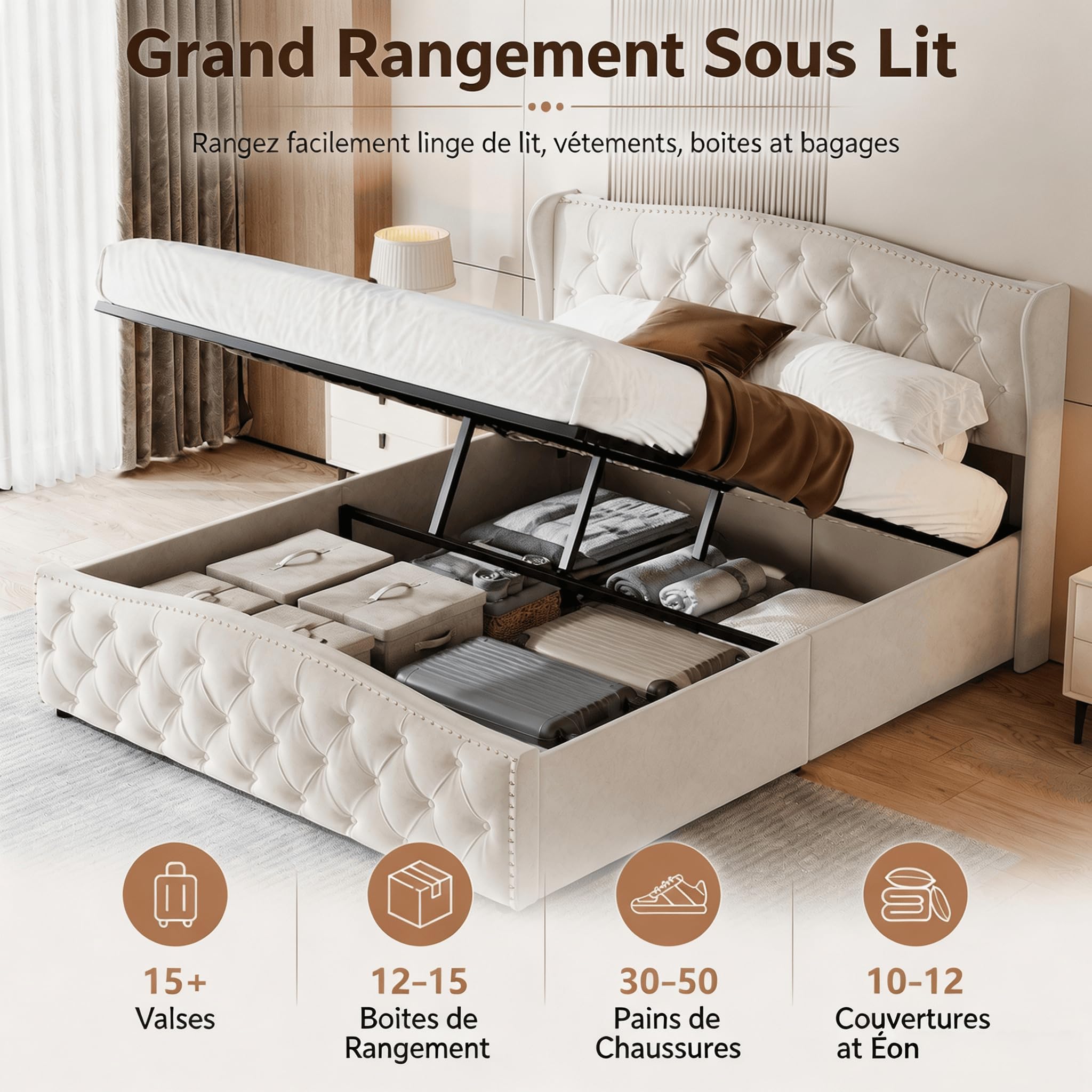 Lit Coffre 160x200 cm avec Sommier, Lit Double Rembourré en Velours avec Grand Rangement, Tête de Lit Élégante, Cadre de Lit Stable pour Adultes et Adolescents (Beige)