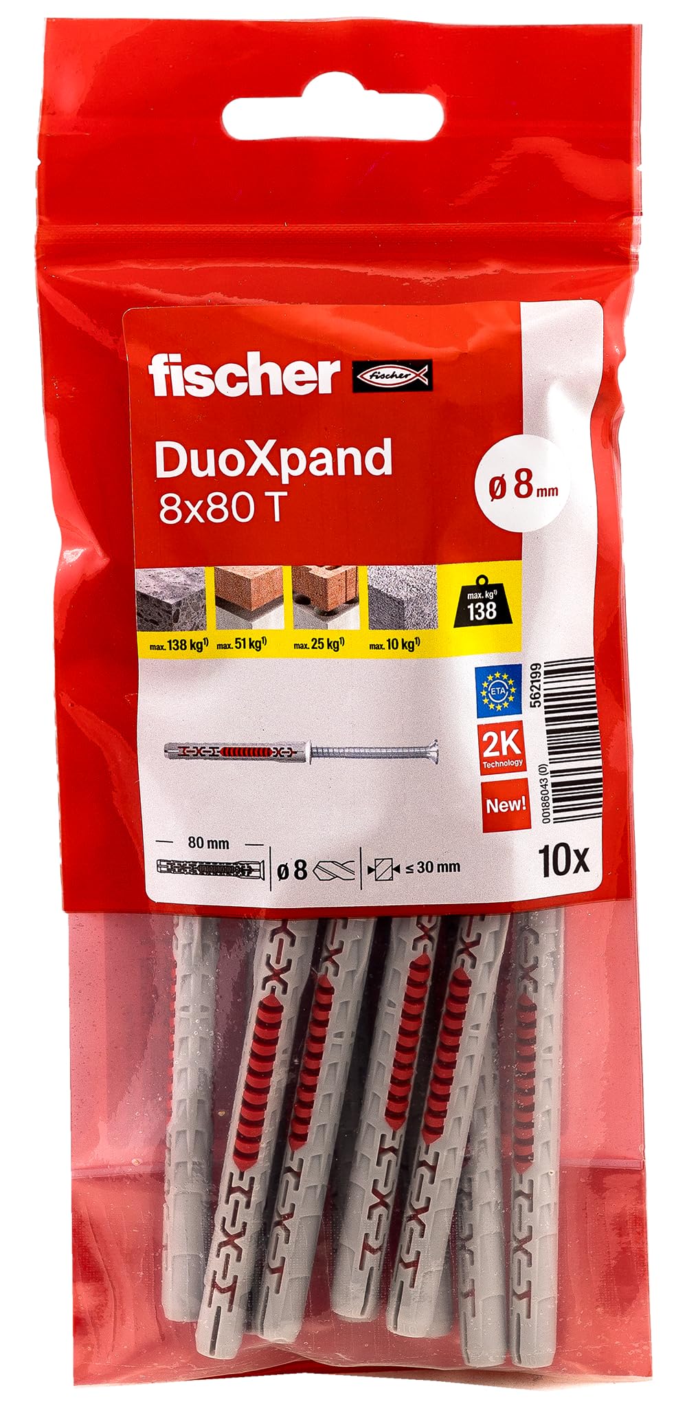 fischer DuoXpand 8 x 80 T, High Quality Universal Dowel with Galvanised Countersunk Screw (Pack of 10), Dowels for Strong Hold, Ideal for Porous Building Materials & Close to Edge Anchors