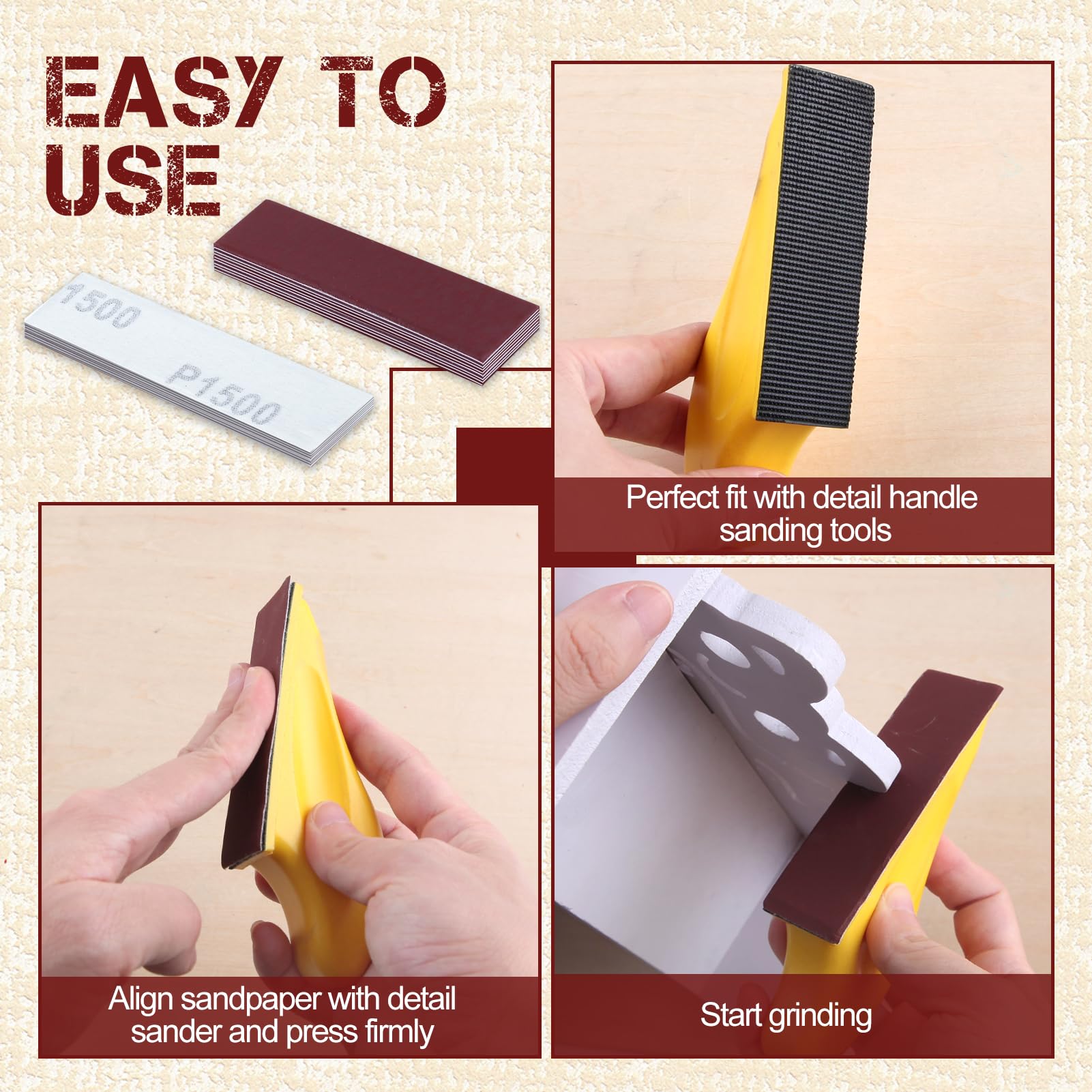 LEONTOOL 100Pcs 1500 Grit Micro Detail Sander Paper Kit 3.5" x 1.2" Hook and Loop Sandpaper Strips Detail Sander Refills Finishing Sander Paper for Wood Crafts Tight Spaces and DIY Polishing Projects - Image 4